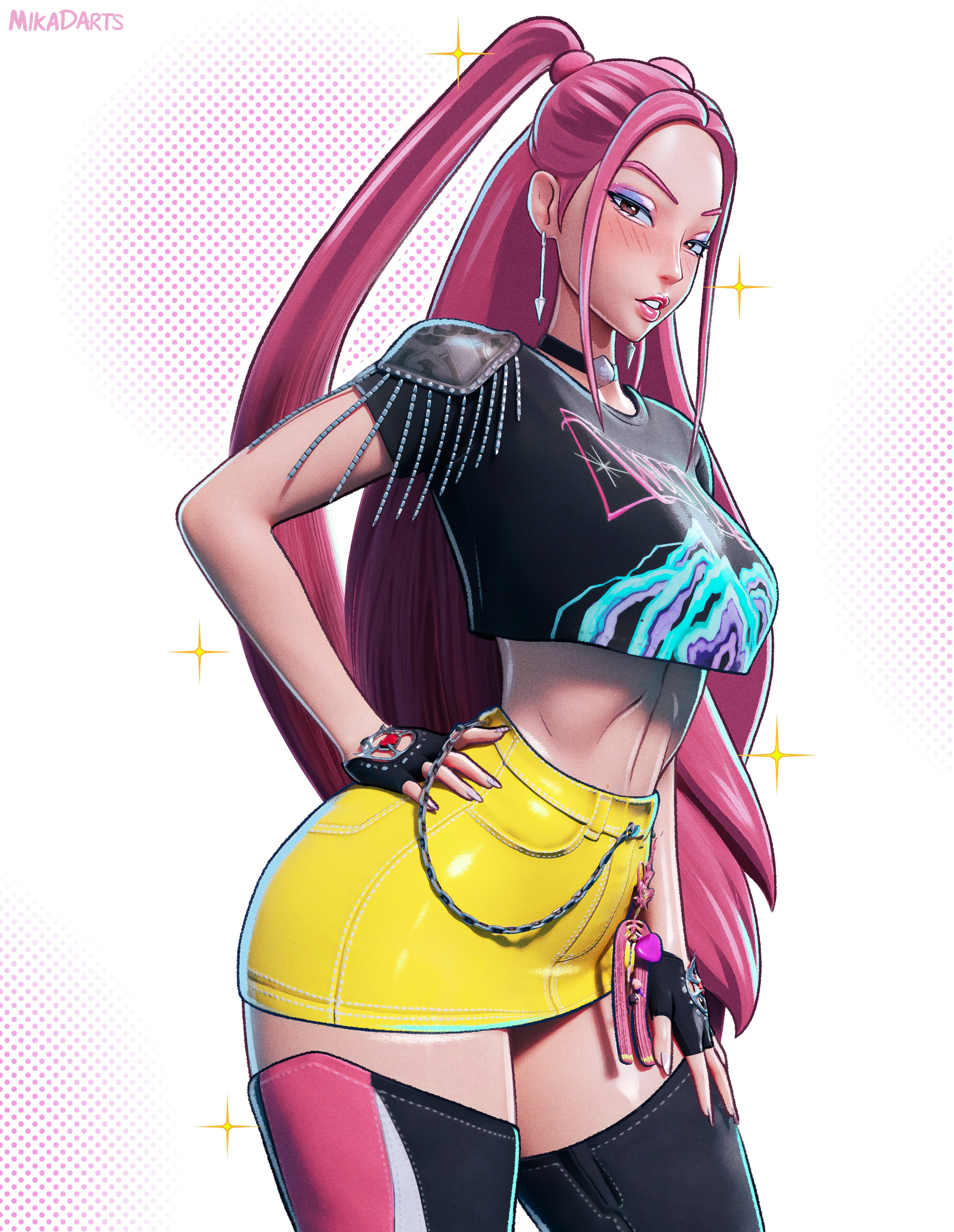 1girls, asian, asian female, asking for it, big breasts, black boots, boots, cropped shirt, eyeshadow, female, female only, fingerless gloves, fortnite, fortnite: battle royale, fully clothed, glossy, glossy body, glossy lips, glossy skin, korean, korean female, kpop demon hunters, light body, light skin, light-skinned female, lipstick, long fingernails, long nails, looking at viewer, looking back at viewer, looking down, magenta hair, makeup, medium breasts, mikadawn, miniskirt, mira (kpop demon hunters), nail polish, normal breasts, painted fingernails, painted nails, pants, pink hair, posing, posing for the viewer, presenting, presenting ass, presenting hindquarters, red hair, revealing clothes, round ass, round butt, rubber clothing, seducing, seductive, seductive body, seductive eyes, seductive female, seductive gaze, seductive look, seductive mouth, seductive pose, seductive smile, skirt, solo, solo female, solo focus, thick ass, thick butt, thick hips, thick legs, thick lips, thick thighs, thigh boots, tight clothes, tight skirt