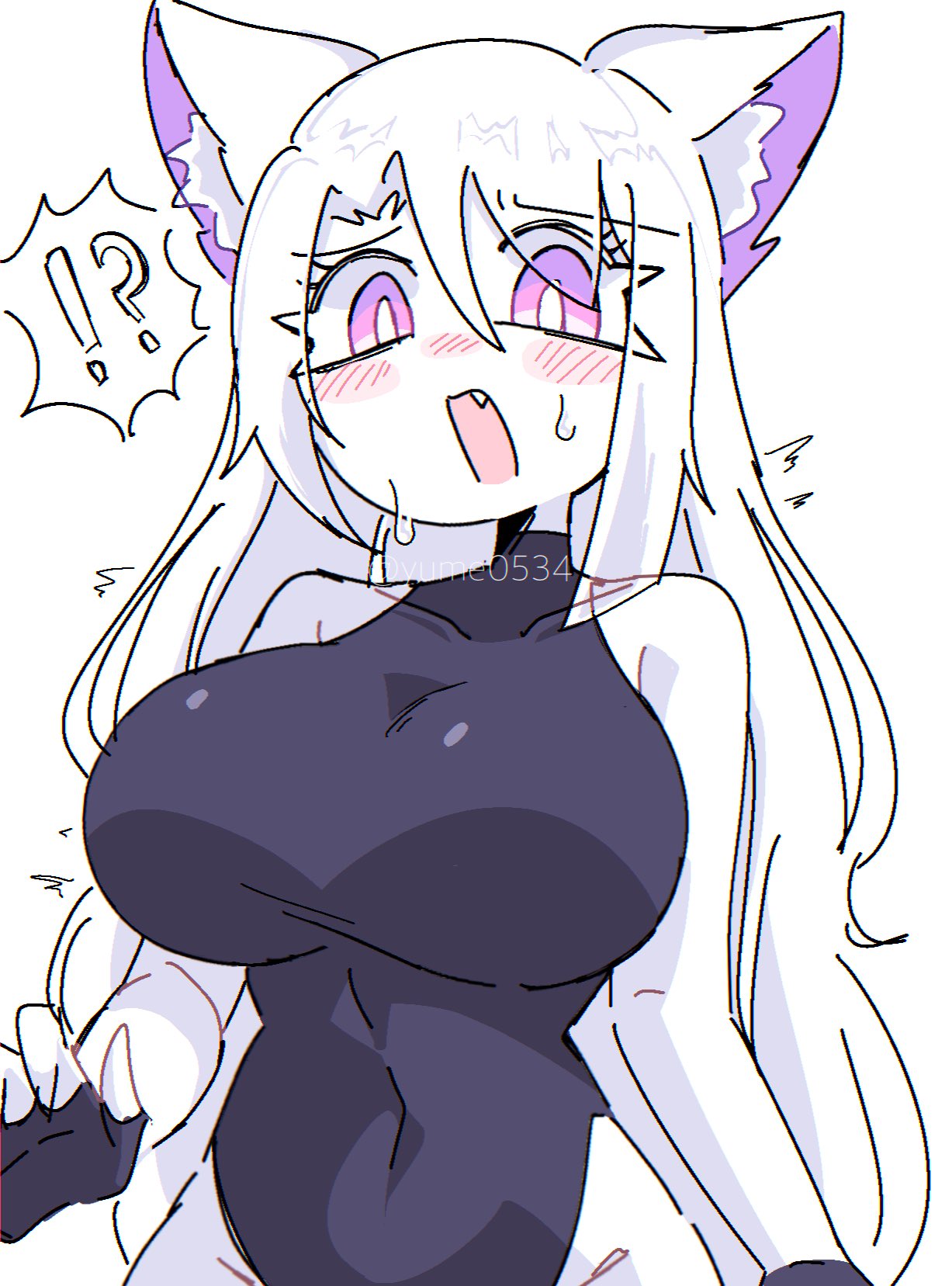 animal ears, big breasts, black clothes, black suit, blue background, dog ears, dog humanoid, dog tail, heart, huge breasts, huge thighs, long hair, oc, original character, pink eyes, purple eyes, purple hair, sana (yume0534), squatting, suit, thighs, white hair, white skin, yume0534