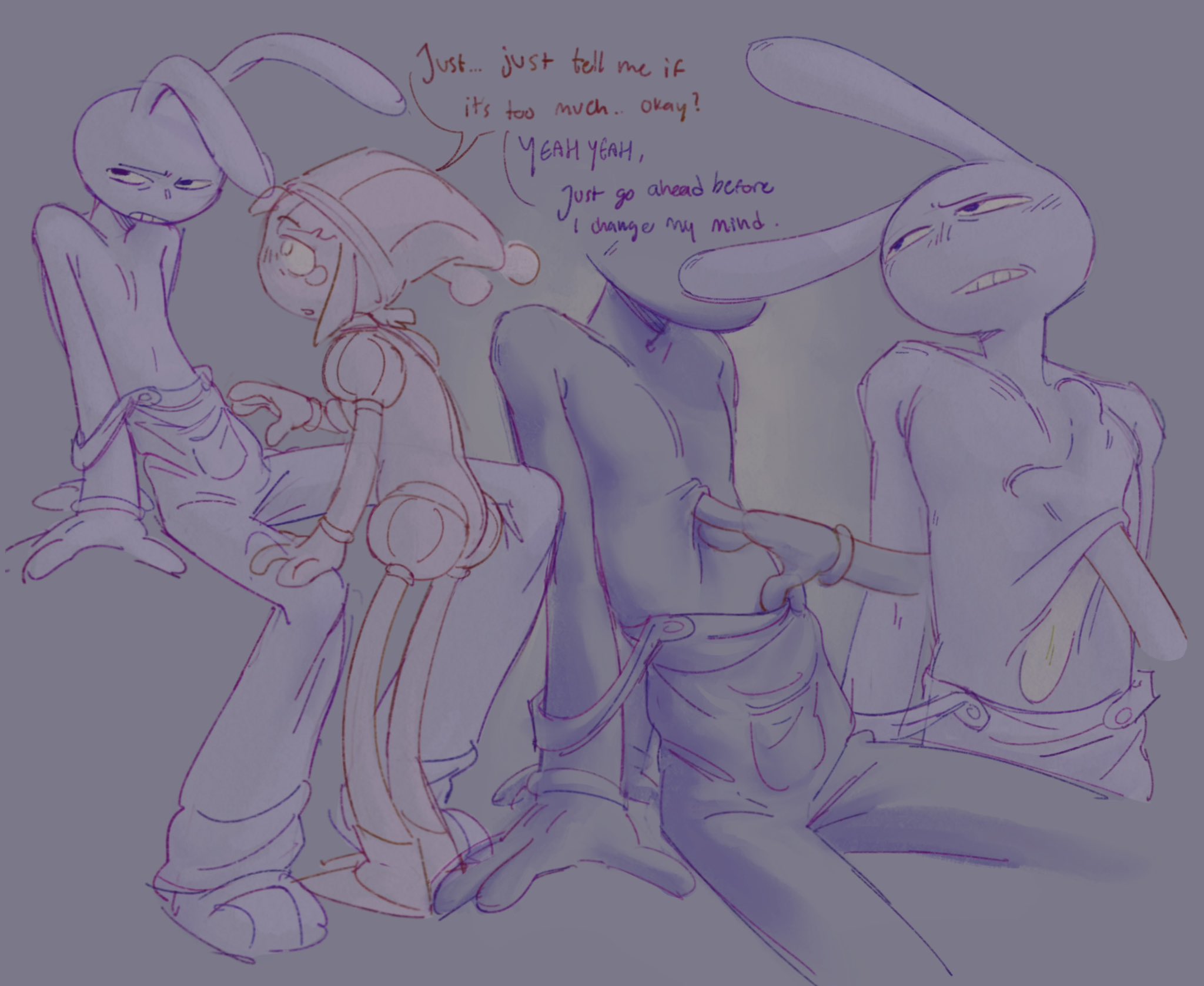 anthro, anthro on human, blush, bunny, consent, glitch productions, gutbricks, intimate, jax (the amazing digital circus), male/female, overalls, pomni (the amazing digital circus), skinny, the amazing digital circus