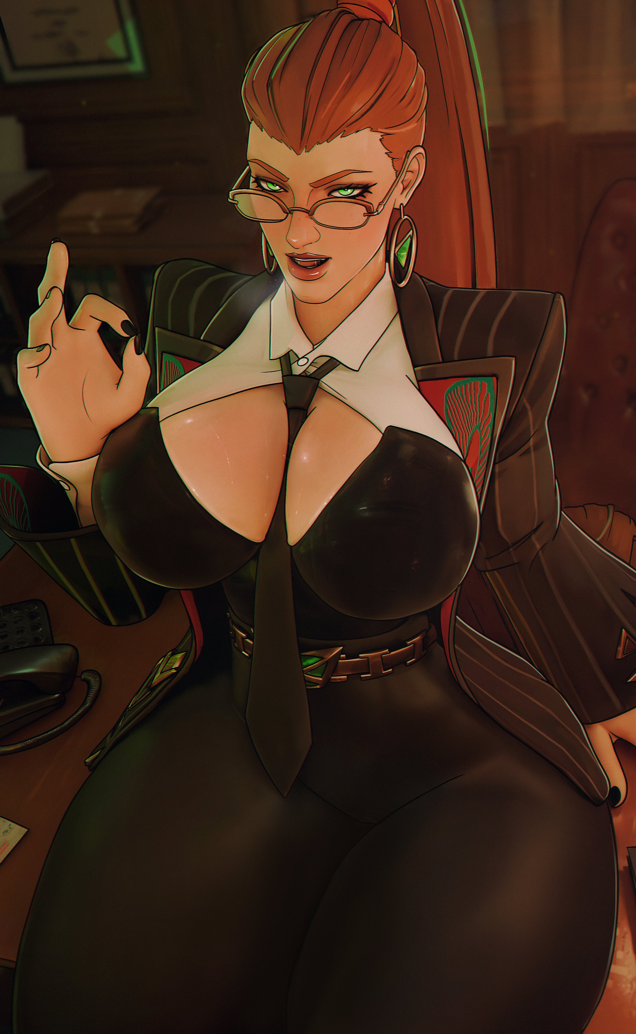 1girls, 3d, black clothing, black nails, blurry background, breasts, breasts bigger than head, cleavage, cleavage cutout, clothed female, clothing request, earrings, female, female focus, female only, formal wear, glasses, green eyes, hi res, highres, hoop earrings, huge breasts, indoors, jean grey, legs together, long hair, looking at viewer, looking over eyewear, looking over glasses, marvel, marvel rivals, office clothing, office lady, open mouth, phoenix (marvel rivals), phoenix (seat of spring), phoenix (x-men), ponytail, red hair, sfrinzy, sitting, sitting down, sitting on table, solo, solo female, thick thighs, tie, tie between breasts, x-men