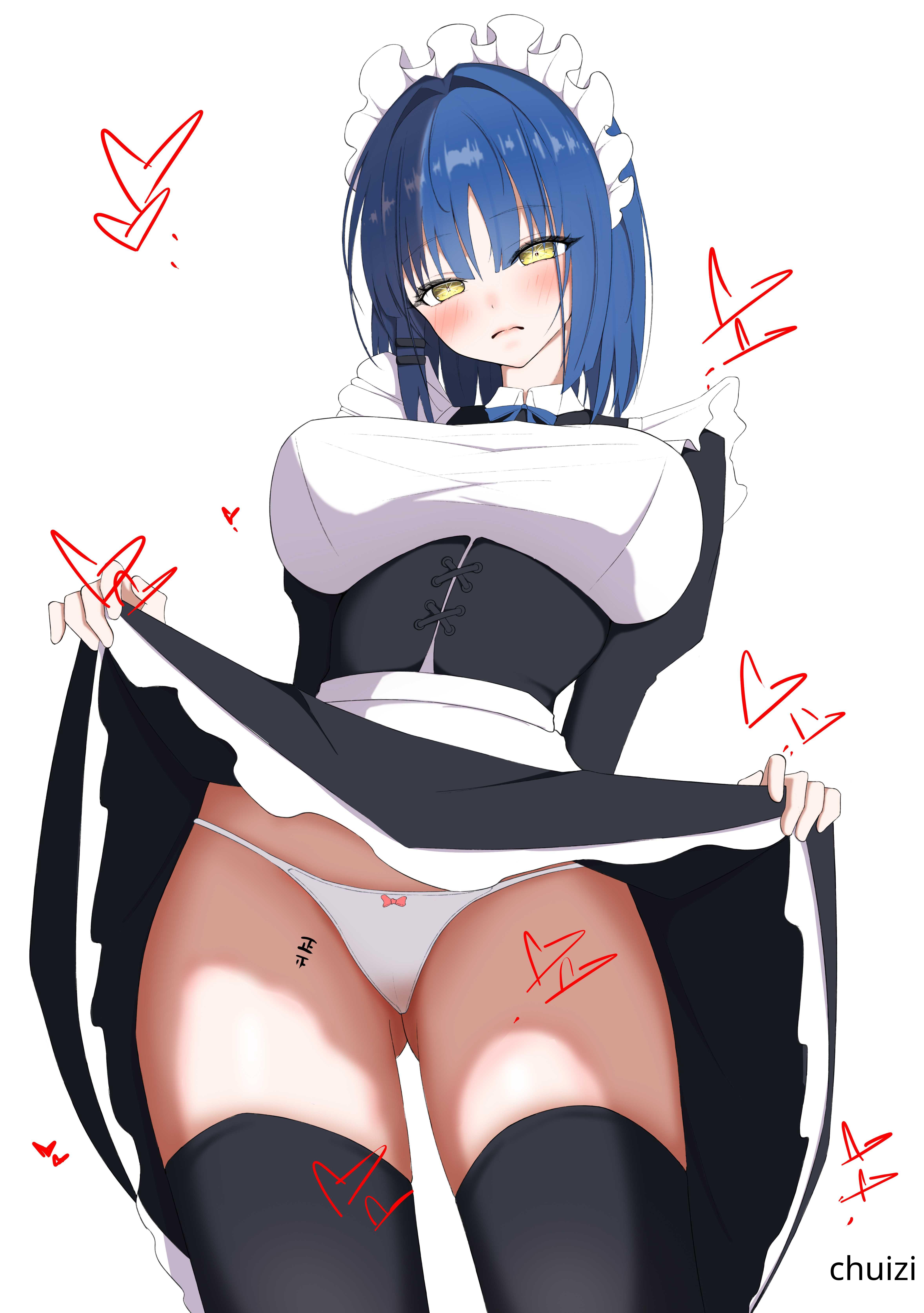 1girls, 2d, 2d (artwork), 2d artwork, alternate breast size, ass visible through thighs, big breasts, black legwear, black stockings, black thigh highs, black thighhighs, blue hair, blue-haired female, blush, blush face, blushing at viewer, blushing female, bocchi the rock!, bow, bow panties, breasts, busty, busty female, busty girl, busty teen, chuizi, curvaceous, curvaceous body, curvaceous female, curvaceous figure, curvaceous hips, curvaceous teenager, curvy, curvy body, curvy female, curvy figure, curvy hips, curvy teen, digital, digital art, digital drawing, digital drawing (artwork), digital media, digital media (artwork), drawing, eyebrows visible through hair, female, female focus, female only, fingers, green eyes, green-eyed female, groin, hair clip, hair clips, hairclip, hairclips, head tilt, heart, high resolution, high school student, highres, hourglass figure, large boobs, large breasts, lean figure, legwear, looking at viewer, looking down, looking down at viewer, maid, maid apron, maid cap, maid dress, maid headdress, maid outfit, maid uniform, medium hair, mole, mole under eye, narrow waist, panties, personality change, ribbon panties, school girl, shoulders, simple background, skindentation, skirt, skirt aside, skirt lift, skirt lifted, skirt lifted by self, skirt pull, skirt pulled by self, skirt pulled up, slender body, slender waist, slim female, slim waist, solo, standing, stockings, teen girl, teenage girl, teenager, thick thighs, thigh gap, thigh highs, thighhighs, thighs, thong, tilted head, underwear, upper body, white background, white panties, white thong, white underwear, wide hips, yamada ryou, young female, young woman