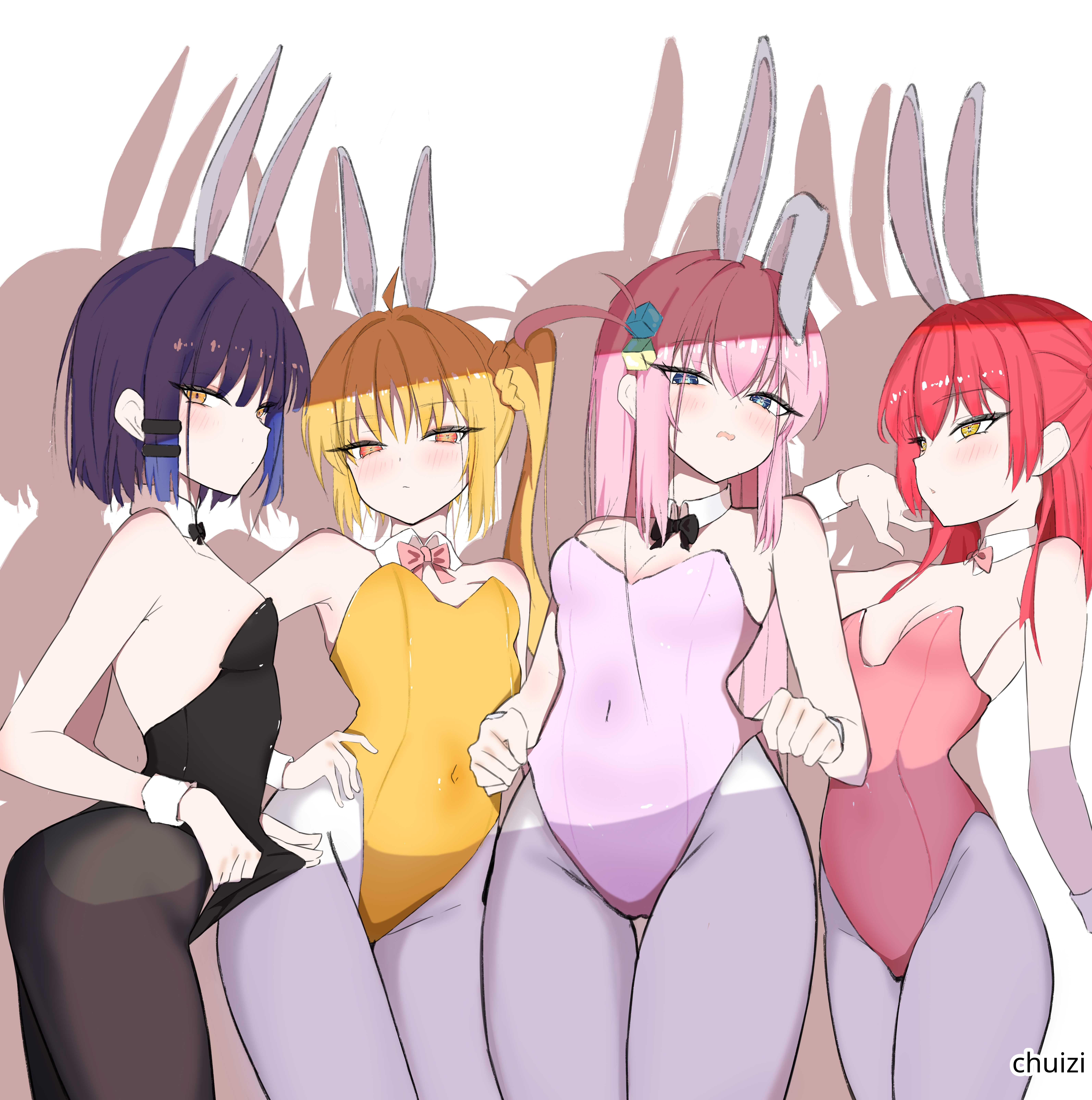 2d, 2d (artwork), 2d artwork, 4girls, absurd res, absurdres, ahoge, belly button, black bowtie, black bunnysuit, black legwear, black leotard, black pantyhose, black topwear, blank expression, blank eyes, blank stare, blonde female, blonde hair, blonde hair female, blonde-haired female, blue eyes, blue hair, blue-eyed female, blue-haired female, blush, blush face, blushing at viewer, blushing female, blushing lines, bocchi the rock!, bored, bored expression, bowtie, breasts, bunny ears, bunnygirl, bunnygirl outfit, bunnysuit, chuizi, cleavage, collar, collarbone, curvaceous, curvaceous body, curvaceous female, curvaceous figure, curvaceous hips, curvaceous teenager, curvaceous thighs, curvy, curvy body, curvy female, curvy figure, curvy hips, curvy teen, curvy thighs, digital, digital art, digital drawing, digital drawing (artwork), digital media, digital media (artwork), drawing, elbows, emotionless, eyebrows visible through hair, female, female focus, female only, fingers, gotou hitori, green eyes, green-eyed female, grey legwear, grey pantyhose, groin, guitarist, hair between eyes, hair clip, hair clips, hair ornament, hair ornaments, hairclip, hairclips, half-closed eyes, hand on hip, hand on own hip, hand on own waist, hand on waist, head tilt, high resolution, high school student, highres, hourglass figure, ijichi nijika, inguinal crease, inguinal ligament, kessoku band, kita ikuyo, lean figure, legs closed, legs together, legwear, leotard, long hair, looking at viewer, looking down, looking down at viewer, looking sideways, looking to the side, medium breasts, medium hair, mole, mole under eye, multiple females, multiple girls, narrow waist, navel, neutral expression, one side up, orange eyes, orange-eyed female, pantyhose, petite, petite body, petite breasts, petite female, petite girl, pink bowtie, pink bunnysuit, pink hair, pink leotard, pink topwear, pink-haired female, ponytail, posing, posing for the viewer, quartet, red bunnysuit, red hair, red leotard, red topwear, red-haired female, school girl, school girls, schoolgirl, short hair, shoulders, side ponytail, sidelocks, simple background, slender body, slender waist, slim female, slim waist, small breast, small breasts, standing, teen girl, teenage female, teenage girl, teenage girls, teenager, thick thighs, thigh gap, thighs, thighs together, tights, tilted head, tiny breasts, topwear, upper body, white background, white bunny ears, white collar, white hairband, white pantyhose, white wrist cuffs, wide hips, wrist cuffs, yamada ryou, yellow bunnysuit, yellow hair, yellow leotard, yellow topwear, yellow-haired female, young female, young woman