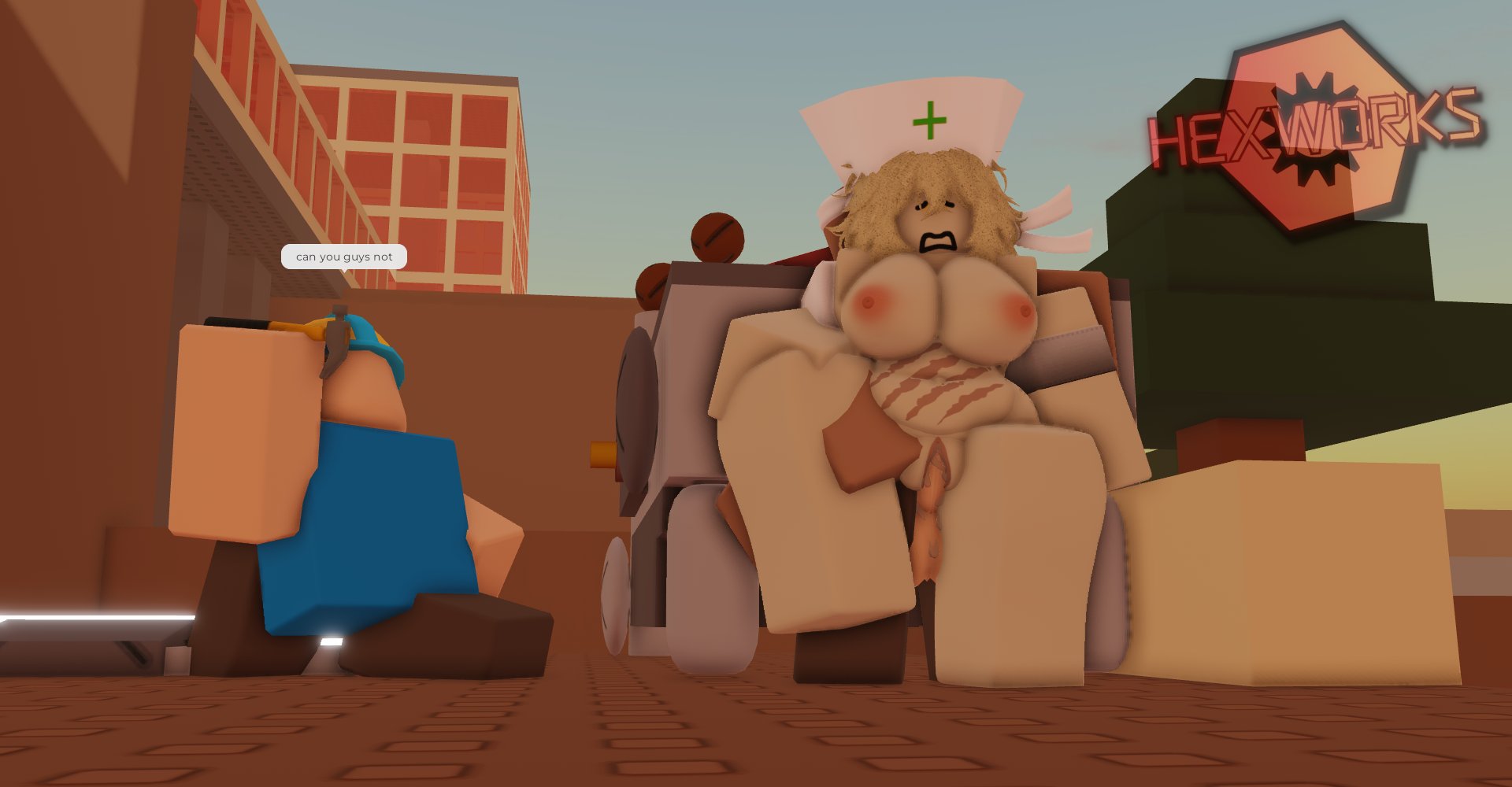 1girls, 2boys, 3d, areolae, artist name, balls, bonuspad (die of death), breasts, caretaker (die of death), chat bubble, civilian (die of death), clothing, dash (die of death), die of death (roblox), duo, duo focus, hexworks, nipples, nude, outdoors, penis, penis out, public sex, pussy, roblox, roblox game, robloxian, scratch marks, scratches, source request, standing sex, tagme, thighs, vaginal penetration, watermark