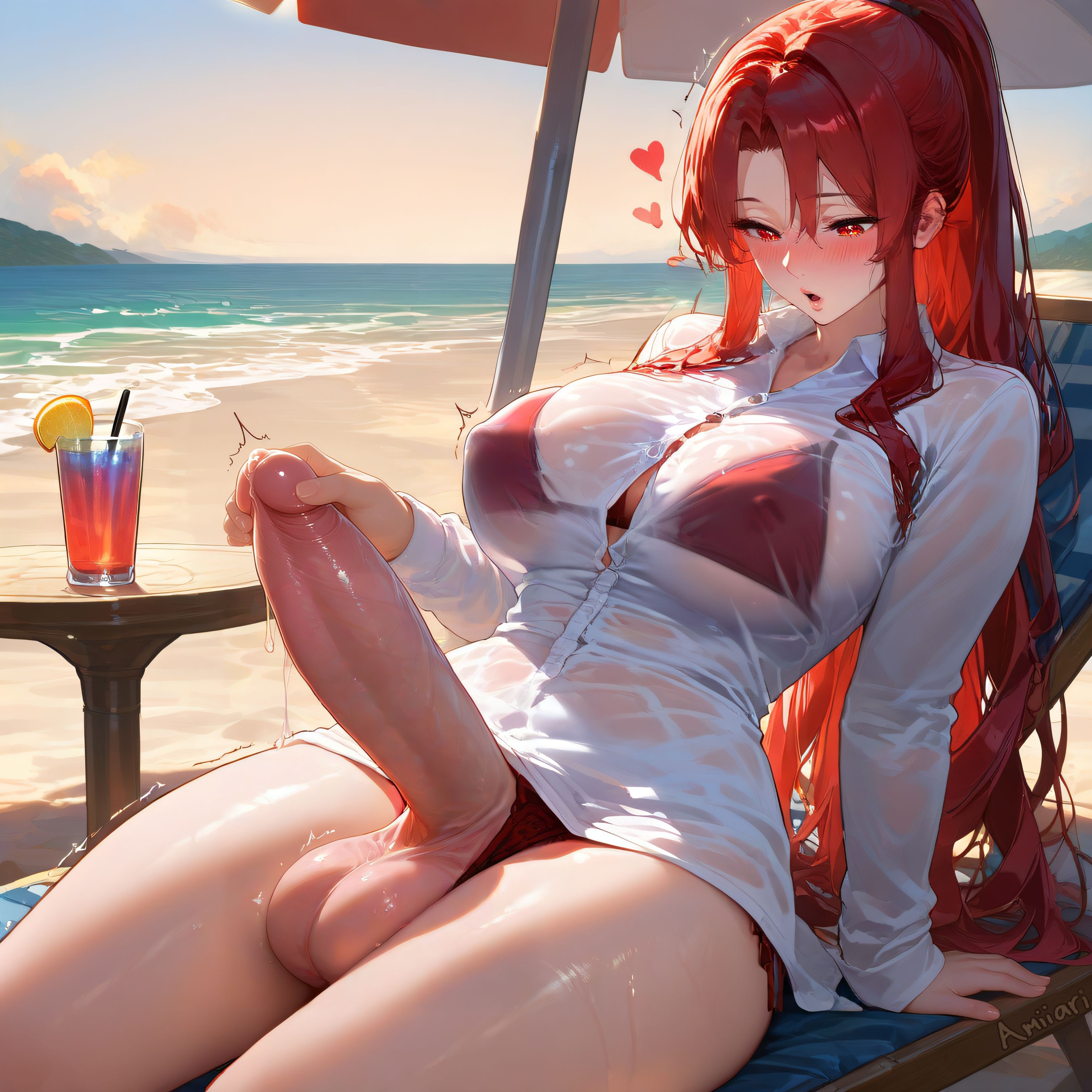 :o, 1futa, absurdres, ai generated, amiiari, arm support, bangs, bangs between eyes, beach, beach umbrella, big penis, bikini, bikini under clothes, black bikini, blush, breasts, bursting breasts, button gap, chair, clothing aside, cloud, collarbone, collared shirt, covered nipples, cowboy shot, cum string, cup, day, detailed, dress shirt, drink, drinking glass, dusk, erection, eyebrows visible through hair, food, fruit, futanari, grabbing penis, hair between eyes, hana (amiiari), hand on penis, heart, high ponytail, holding, holding penis, horizon, huge breasts, huge cock, imminent fellatio, imminent oral, impossible clothes, large breasts, large penis, laying, leaning, leaning back, lemon, lemon slice, lips, long hair, long penis, long sleeves, looking at viewer, looking down, lounge chair, masturbation, medium breasts, motion lines, nipple bulge, nose blush, o-ring, o-ring bikini, ocean, on chair, open mouth, orange (fruit), orange eyes, original character, outdoors, parted bangs, parted lips, partially unbuttoned, penis, pent up, ponytail, precum, red bikini, red eyes, red hair, sand, see-through, shadow, shiny hair, shiny skin, shirt, sidelocks, sitting, skin tight, skindentation, sky, solo, string bikini, sunset, sweatdrop, table, taut clothes, testicles, thick thighs, thighs, throbbing penis, tight shirt, tongue, towel, trembling, twitching penis, umbrella, veins, veiny penis, very long hair, water, wet, wet shirt, white shirt