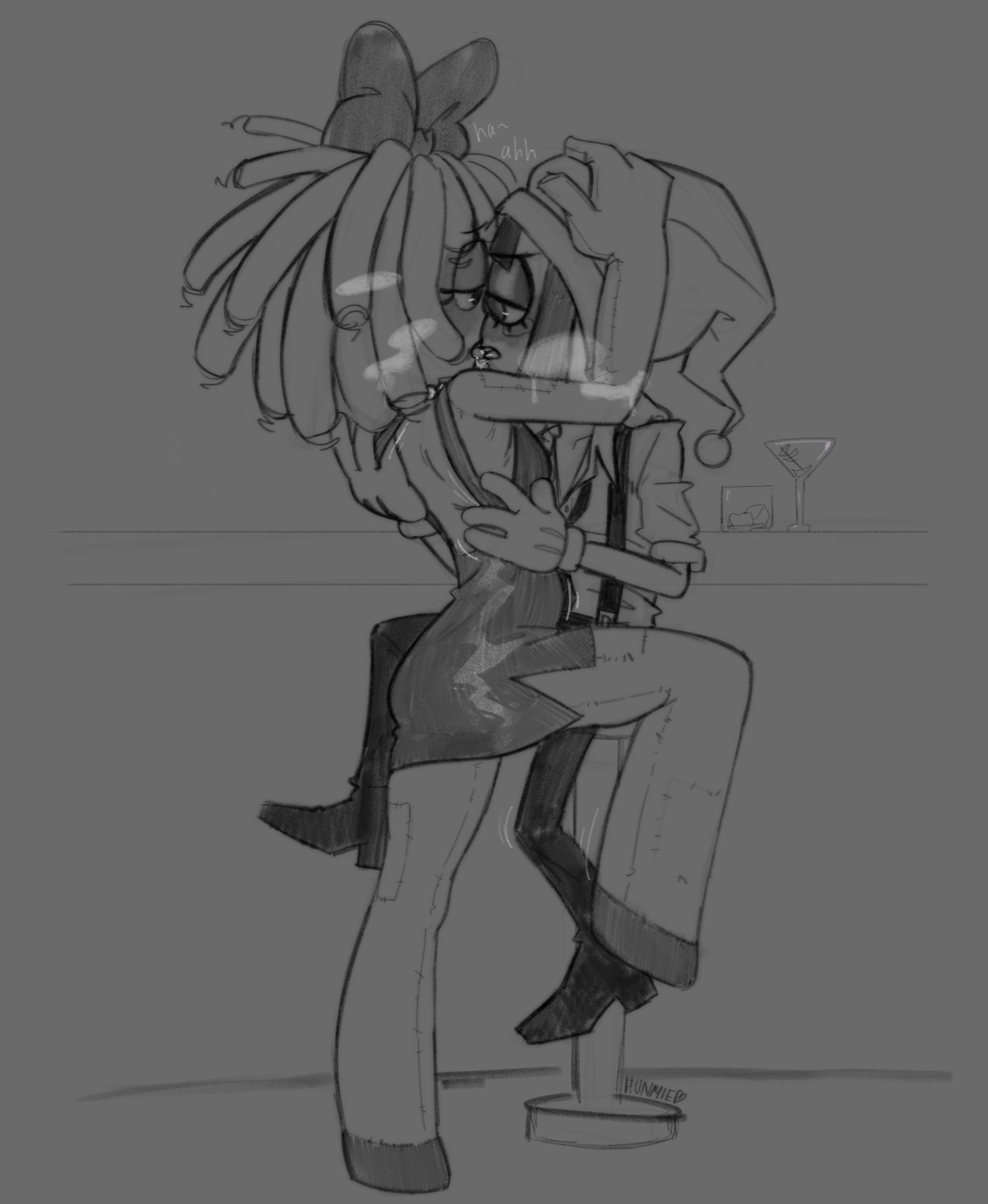 bar, bow, cocktail dress, doll girl, glitch productions, gooseworx, hand on chest, hand on head, hand under dress, hand under dress strap, hunmie art, jester hat, kissing, leg up, lesbian kiss, looking at each other, making out, masculine female, pomni, pomni (tadc), pomni (the amazing digital circus), ragatha, ragatha (pub outfit), ragatha (tadc), ragatha (the amazing digital circus), ragdoll, saliva string, staring into eyes, the amazing digital circus, untitled (tadc), yuri