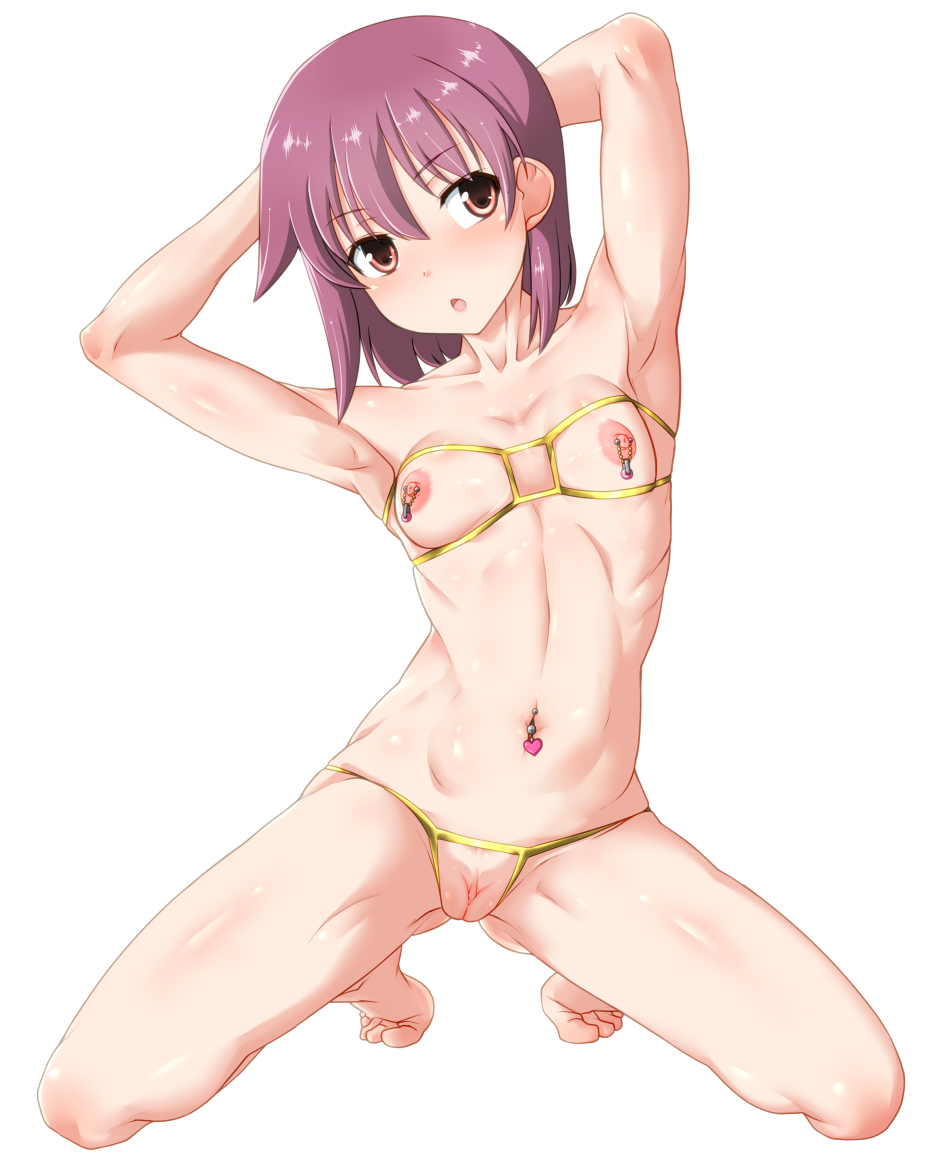 arms_up bikini blush breasts brown_eyes female looking_at_viewer navel navel_piercing nipple_piercing nipples piercing pussy red_hair revealing_clothes saki seushiki_(ponti-ron) short_hair solo swimsuit uncensored