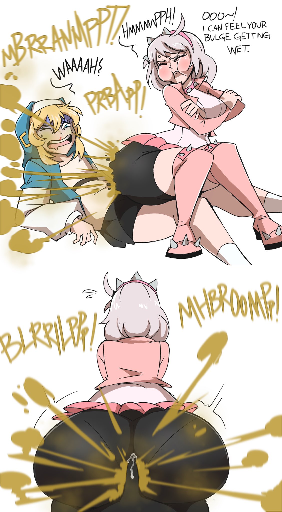 2020s, 2026, 2026s, 2girls, ass ripple, ass ripples, black shorts, blonde female, blonde hair, bridget, bridget (guilty gear), cumming, cumming from buttjob, cumming from fart, elphelt valentine, fair skinned female, fart, fart cloud, fart fetish, fart ripple, farting on another, farting on dick, fartjob, grunting, guilty gear, guilty gear strive, jpeg, nosebleed, onomatopoeia, pouting, pouty, same artist different name, short shorts, trans woman, transfem, video game character, video game franchise, video games, voluptuous, voluptuous female, white hair, xee, xeenitsu, zeeny