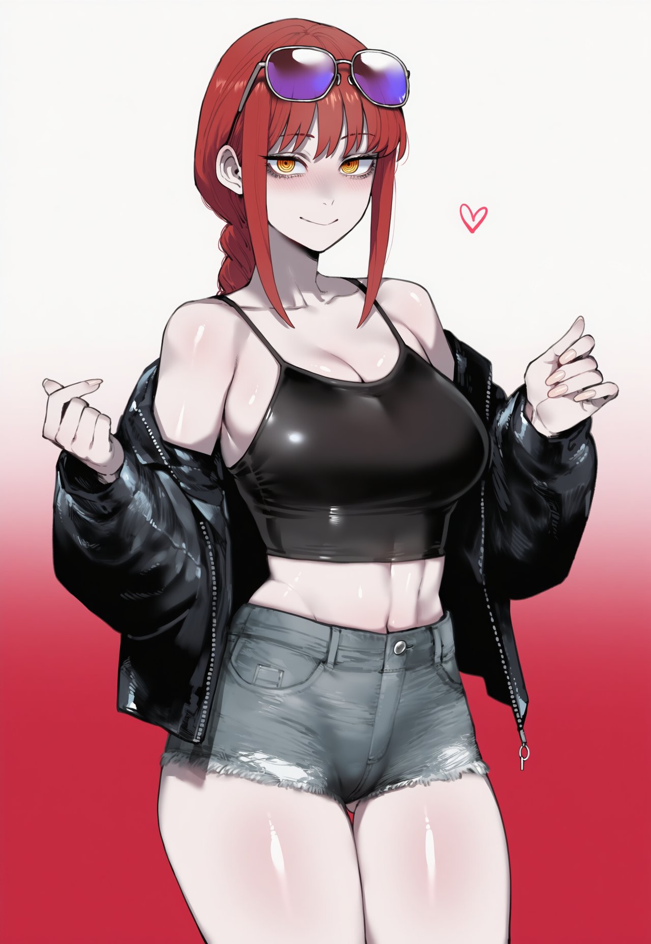 1girls, ai generated, ass, ass visible through thighs, big breasts, blush, breasts, chainsaw man, clothed, clothed female, collarbone, eyewear on head, female, grin, heart, huge breasts, looking at viewer, looking back, makima (chainsaw man), red hair, short shorts, shorts, smile, sunglasses, thick thighs, thighs, truck kun, truck-kun art, yellow eyes