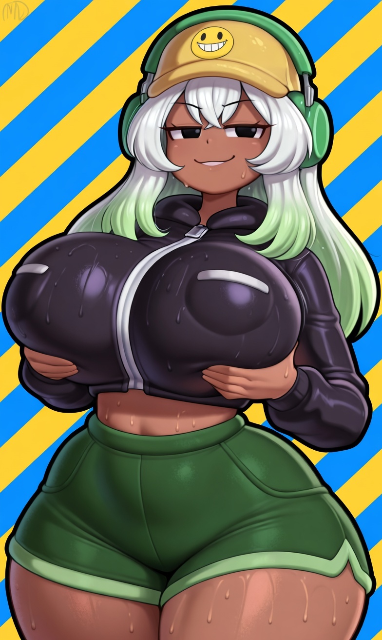 1girls, ai generated, big breasts, big thighs, breast grab, breasts, daidouji (artist), dolly dimpley, female, fupa, groping, groping breasts, groping self, hat, headphones, huge breasts, large breasts, smiling friends, sweatdrop, sweaty, sweaty body, thighs, voluptuous, voluptuous female, wide hips