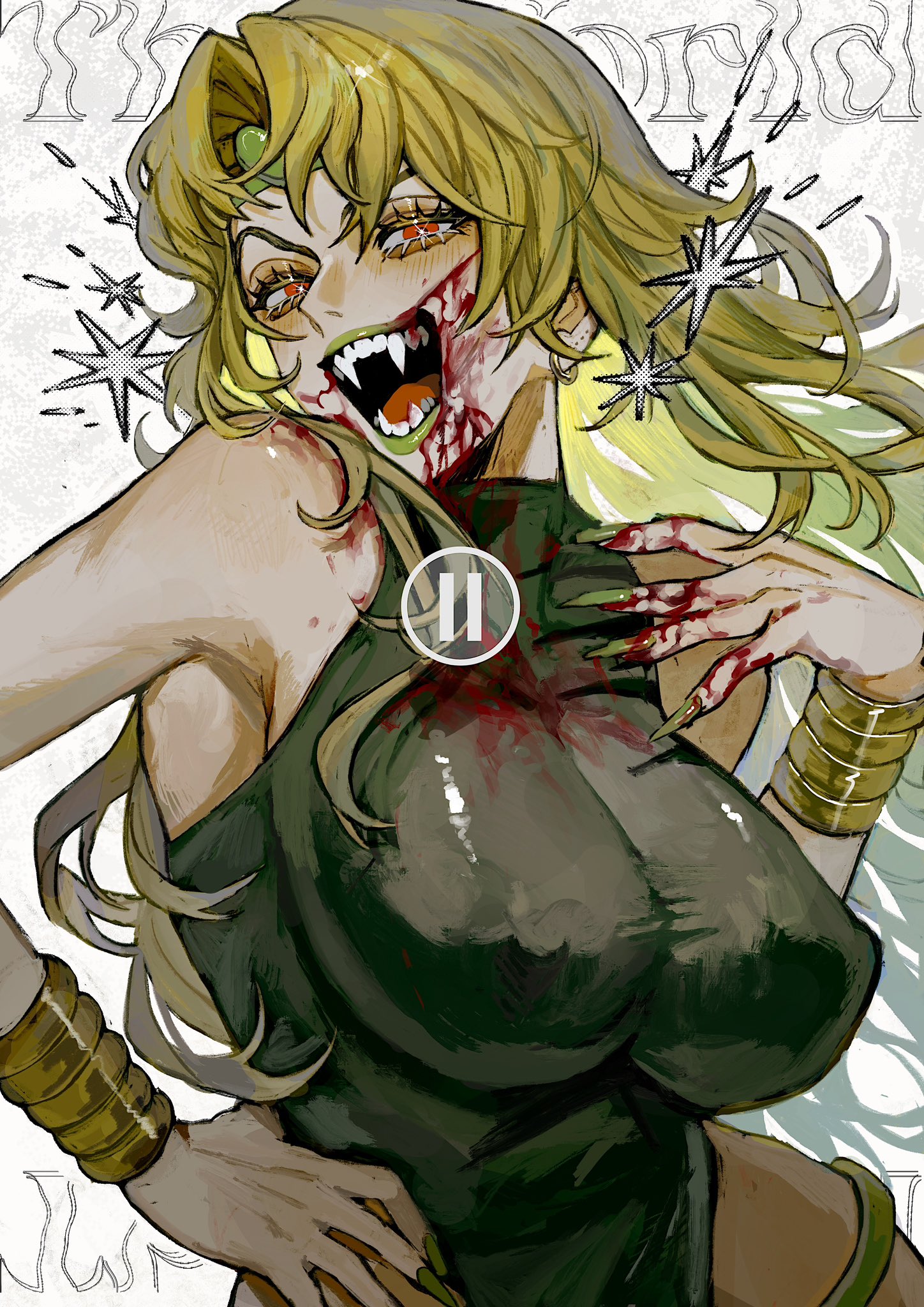 1girl, big breasts, blonde hair, blood, blood in mouth, blood on face, blush, dio brando, female, jojo's bizarre adventure, long hair, long nails, neg 50asu, red eyes, rule 63, solo, solo female, vampire, vampire girl, wide hips