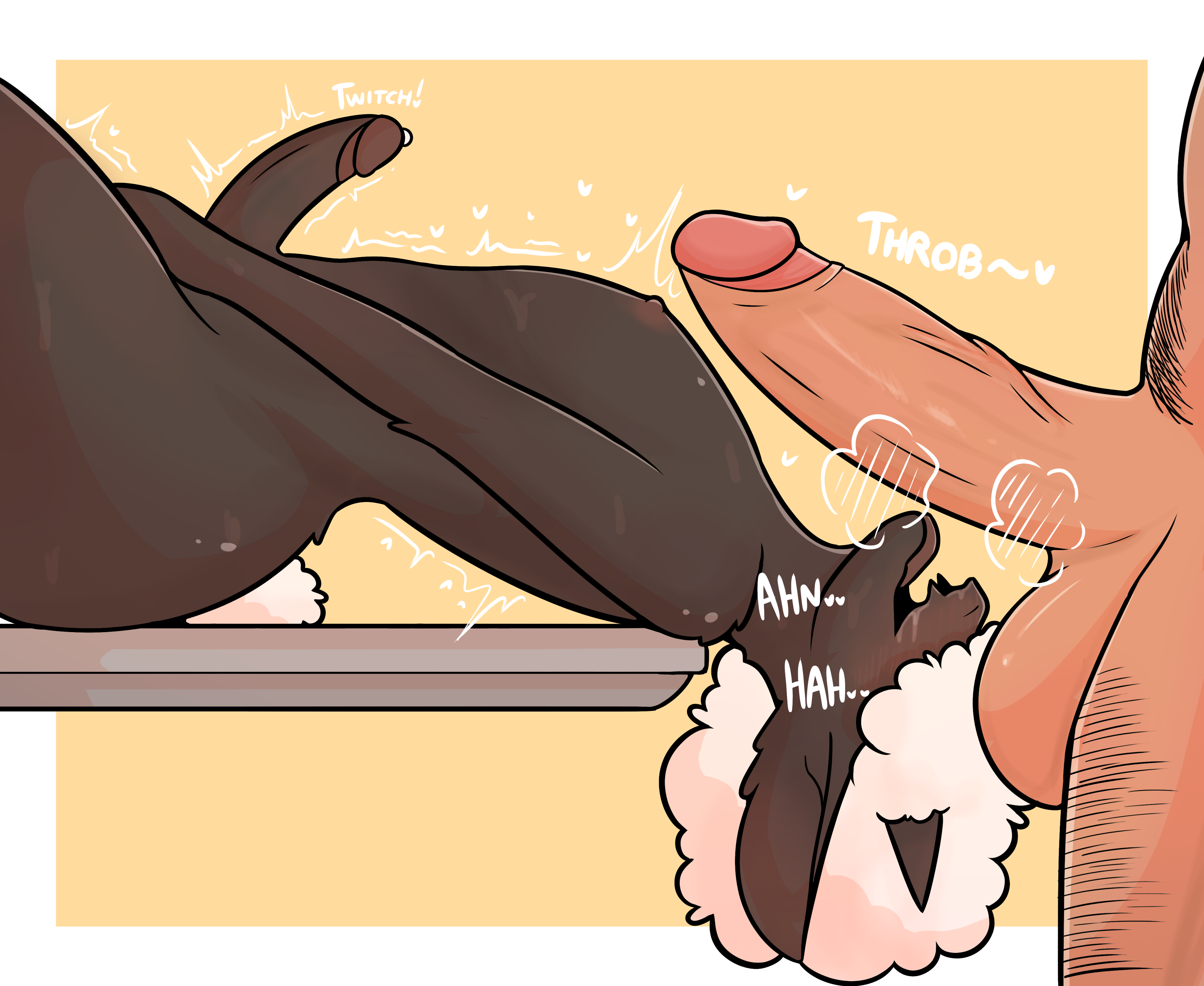 1boy, 1boy1femboy, 1female1male, 1femboy, arched back, bangs over eyes, big ass, big balls, big penis, black body, black fur, body hair, curly hair, dark hair, drooling, fangs, fat ass, femboy, femboy focus, femboysub, feminine male, freckles, furry, furry femboy, furry with non-furry, green eyes, hairy, hairy male, heavy blush, heavy breathing, hooves, horns, horns and hooves, huge balls, huge cock, imminent fellatio, imminent oral, imminent sex, lamb (tricksterxin), luca (tricksterxin), malesub, massive penis, measuring penetration depth, nervous, nervous sweat, nude, nude male, on back, penis, penis awe, penis over face, pointy ears, precum, sheep, sheep boy, sheep tail, sweat, sweating, sweaty, sweaty body, tail, tanned, tanned male, tanned skin, throbbing penis, tongue out, tricksterxin (artist), white hair, wide hips