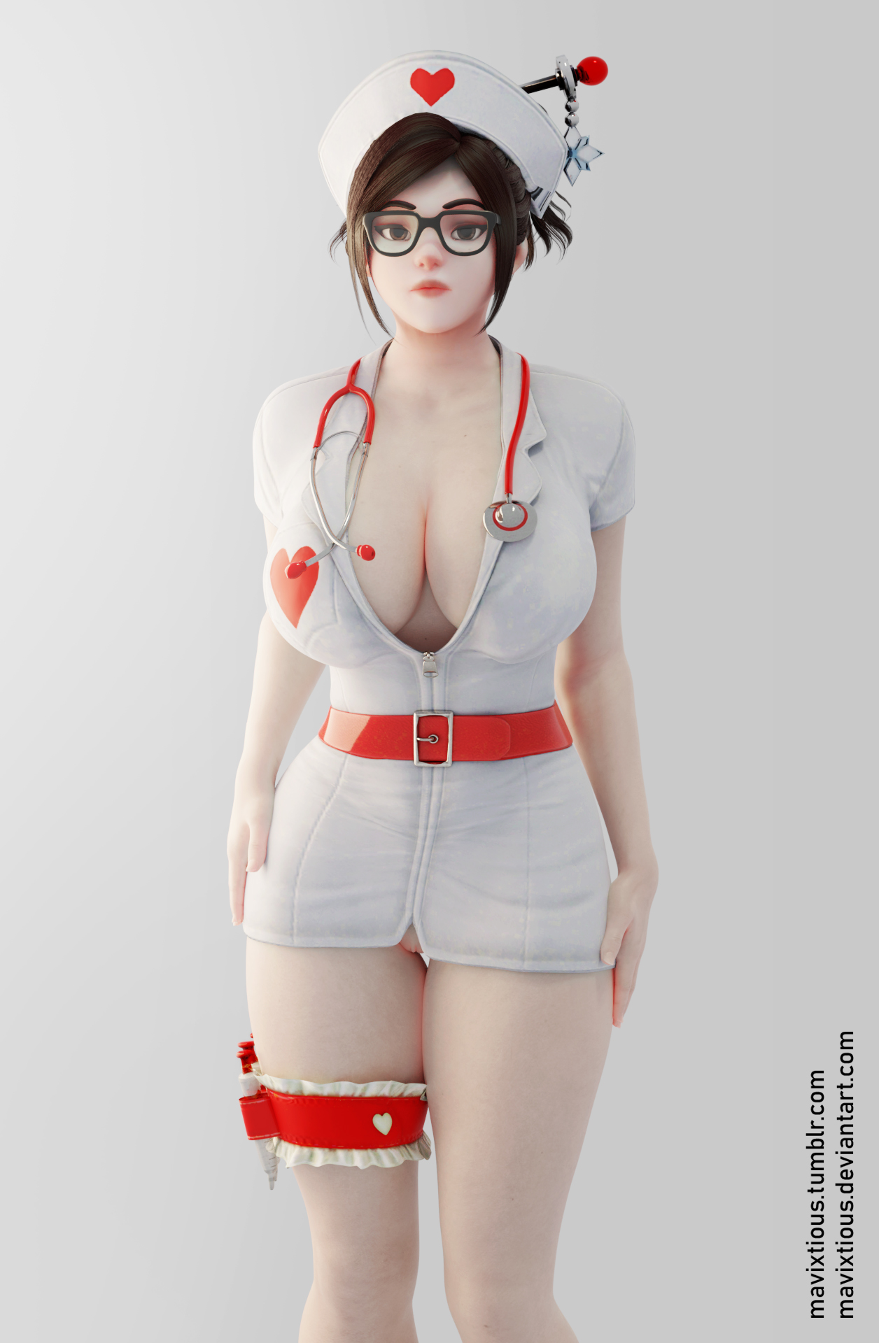3d, big breasts, blender, blizzard entertainment, breasts, cleavage, deviantart username, female, female only, glasses, large breasts, looking at viewer, mavixtious, mei (overwatch), nurse uniform, overwatch, pussy, solo, tumblr username