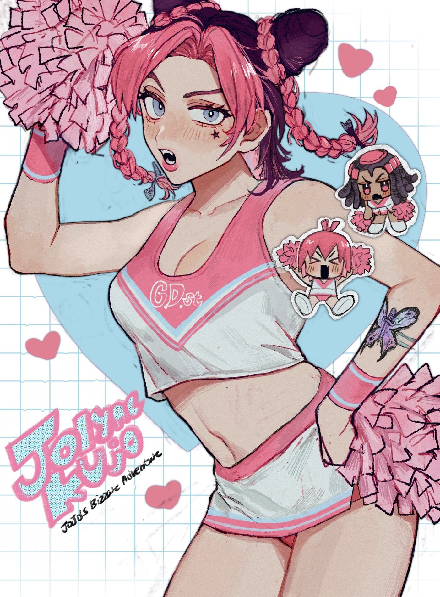 3girls, blue eyes, breasts, butterfly, butterfly tattoo, character name, cheerleader, cleavage, collarbone, copyright name, cowboy shot, crop top, double bun, ermes costello, foo fighters, hair bun, highres, jojo's bizarre adventure, jolyne kujo, kuujou jolyne, multiple girls, neg 50asu, open mouth, panties, pom pom (cheerleading), red panties, skirt, stone ocean, tattoo, underwear, white skirt, wristband