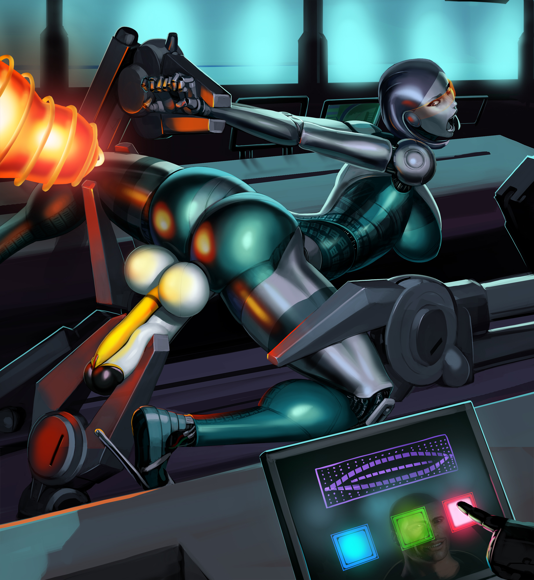 1futa, aka6, android, ass, balls, breasts, cock and ball torture, cock and balls torture, cock-tail, commander shepard, dickgirl, edi, erection, futa only, futanari, imminent anal, intersex, large breasts, large penis, mass effect, orange-tinted eyewear, penis, restrained, solo, testicles, tinted eyewear, visor