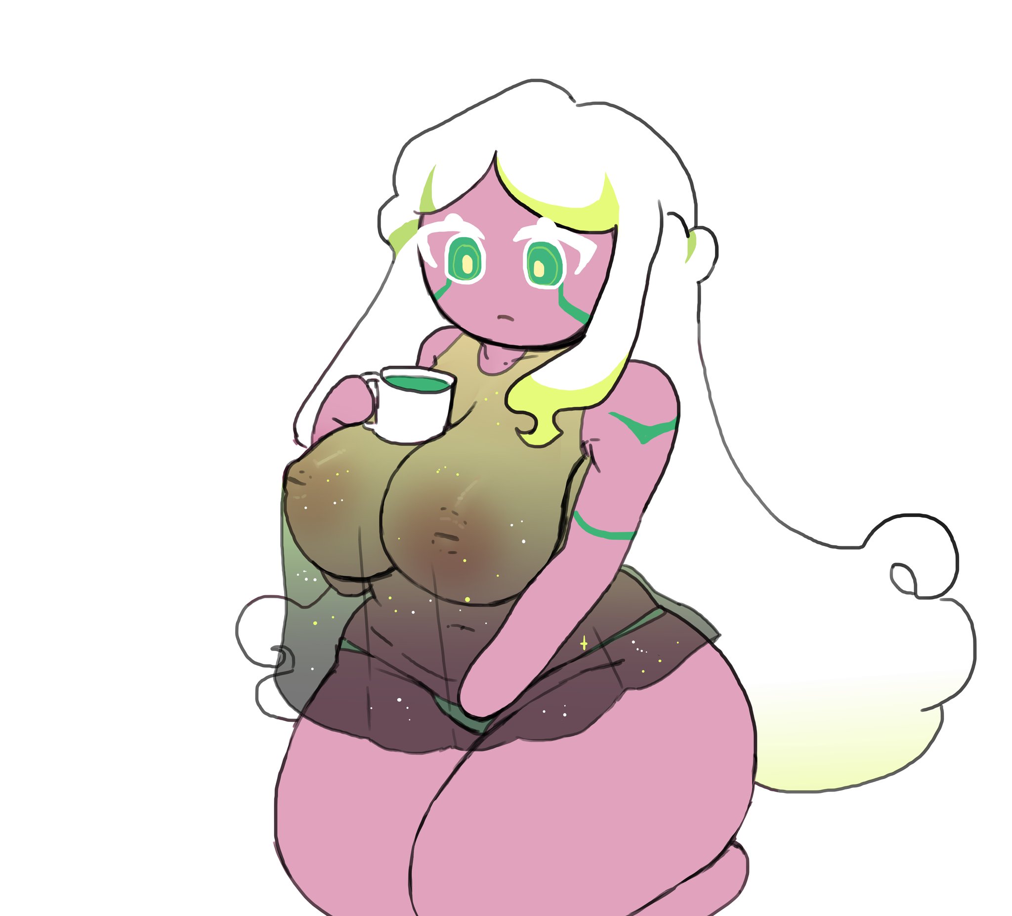 breasts visible through clothing, calm, color, cookie run, cookie run ovenbreak, cup of tea, cup on boobs, magpiered, magpieredd, nearly nude, nipples, no text, staring, staring down, stevia nova cookie