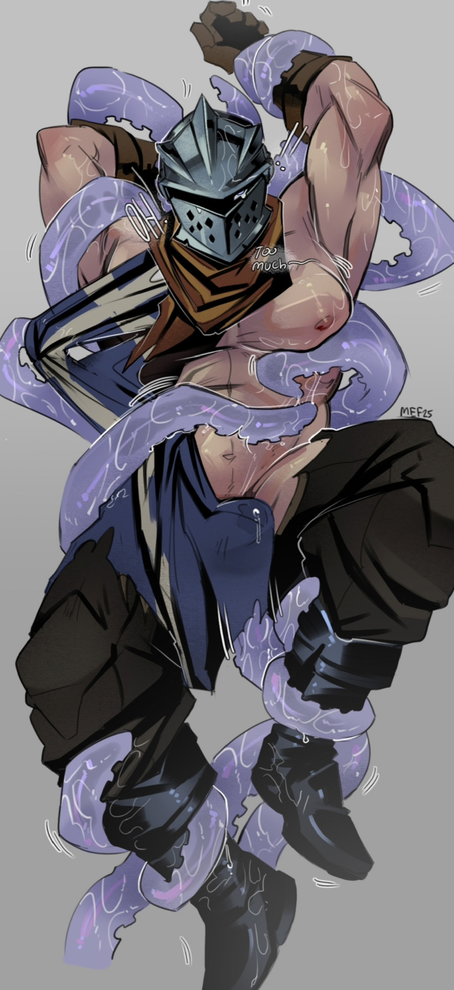 1boy, 2026, above view, abs, arms above head, bara, black boots, boots, bound, bound arms, bound legs, bulge, bulge under clothes, clothed male, clothed sex, clothes, clothing, crusader, crusader (darkest dungeon), darkest dungeon, english text, exclamation point, fondling, fondling breast, full body, gay, glistening, gloves, grey background, helmet, implied anal, implied penetration, knight, male, male only, mefff, moobs, movement lines, musclegut, muscles, muscular, pants, precum drip, precum through clothing, purple tentacles, ripped clothing, scarf, shiny, shiny skin, tabard, tears, tears in eyes, tentacle, tentacle sex, text, torn clothes, torn clothing, torn pants, unseen male face, wet, wet body, wet skin, yaoi