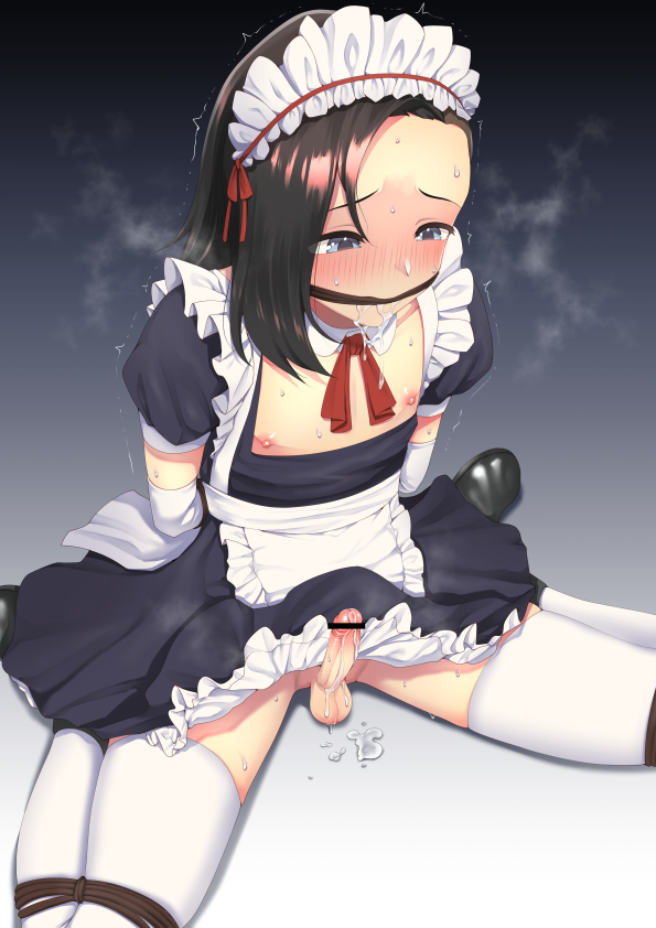 1boy alex_(mollyyo) apron balls blue_eyes blush brown_hair censor_bar censored crossdressing cum femboy girly hokuro_ryuuseigun legwear long_hair maid maid_headdress maid_uniform male male_only mouth_gag penis saliva small_penis solo testicles thighhighs thighs tied_hands tied_legs trembling