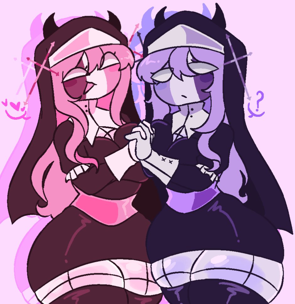 ?, 2girls, breasts, curvy, curvy female, curvy figure, female, female focus, female only, friday night funkin, friday night funkin mod, heart, heart symbol, hearts, horns, mid-fight masses, nun, nun outfit, sarvente (dokki.doodlez), sexy, swap-sarv (dokki.doodlez), tagme, thick, thick thighs, thighs, veil, voluptuous, voluptuous female, zamzipperart