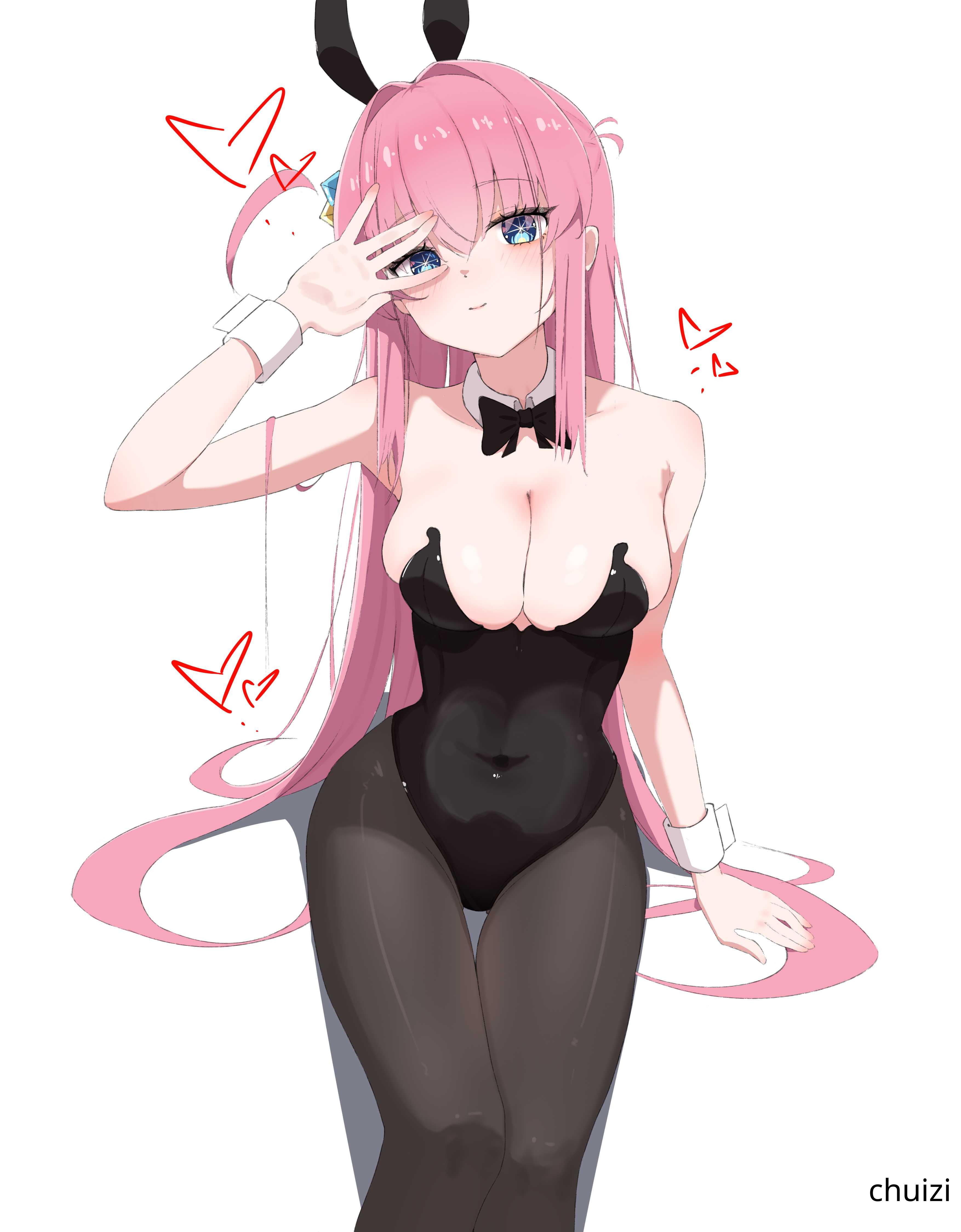 1girls, 2d, 2d (artwork), 2d artwork, absurdly long hair, arm support, arm up, belly button, big breasts, black bowtie, black bunny ears, black bunnysuit, black legwear, black leotard, black pantyhose, black topwear, blank expression, blank eyes, blank stare, blue eyes, blue-eyed female, bocchi the rock!, bored, bored expression, bowtie, breasts, bunny ears, bunnygirl, bunnygirl outfit, bunnysuit, busty, busty female, busty girl, busty teen, busty teenager, chuizi, cleavage, collar, collarbone, curvaceous, curvaceous body, curvaceous female, curvaceous figure, curvaceous hips, curvaceous teenager, curvy, curvy body, curvy female, curvy figure, curvy hips, curvy teen, digital, digital art, digital drawing, digital drawing (artwork), digital media, digital media (artwork), drawing, elbows, emotionless, eyebrows visible through hair, female, female focus, female only, fingers, gotou hitori, groin, guitarist, hair between eyes, hair ornament, hand up, head tilt, heart, high resolution, high school student, highres, hourglass figure, human, inguinal crease, inguinal ligament, knees, large boobs, large breasts, lean figure, legs closed, legs together, legwear, leotard, long hair, long legs, looking at viewer, looking up, looking up at viewer, narrow waist, navel, neutral expression, pantyhose, pink hair, pink-haired female, pinup, posing, posing for the viewer, school girl, schoolgirl, shoulders, sidelocks, simple background, sitting, skindentation, slender body, slender legs, slender waist, slim female, slim waist, solo, teen girl, teenage female, teenage girl, teenager, thigh gap, thighs, thighs together, tilted head, topwear, upper body, very long hair, very long hair female, white background, white collar, white wrist cuffs, wide hips, wrist cuffs, young female, young woman