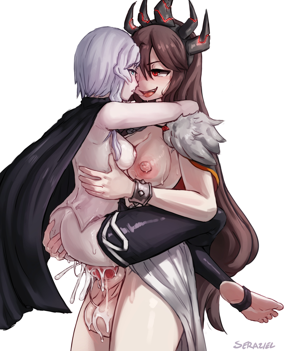 animal genitalia on humanoid, animal penis, ass, balls, breasts, canine penis, canine penis on humanoid, cape, carrying, cum, cum inside, dog penis, female, futa on female, futanari, intersex, long hair, penis, saliva, seraziel, short hair, size difference, stirrup legwear, wet, white hair