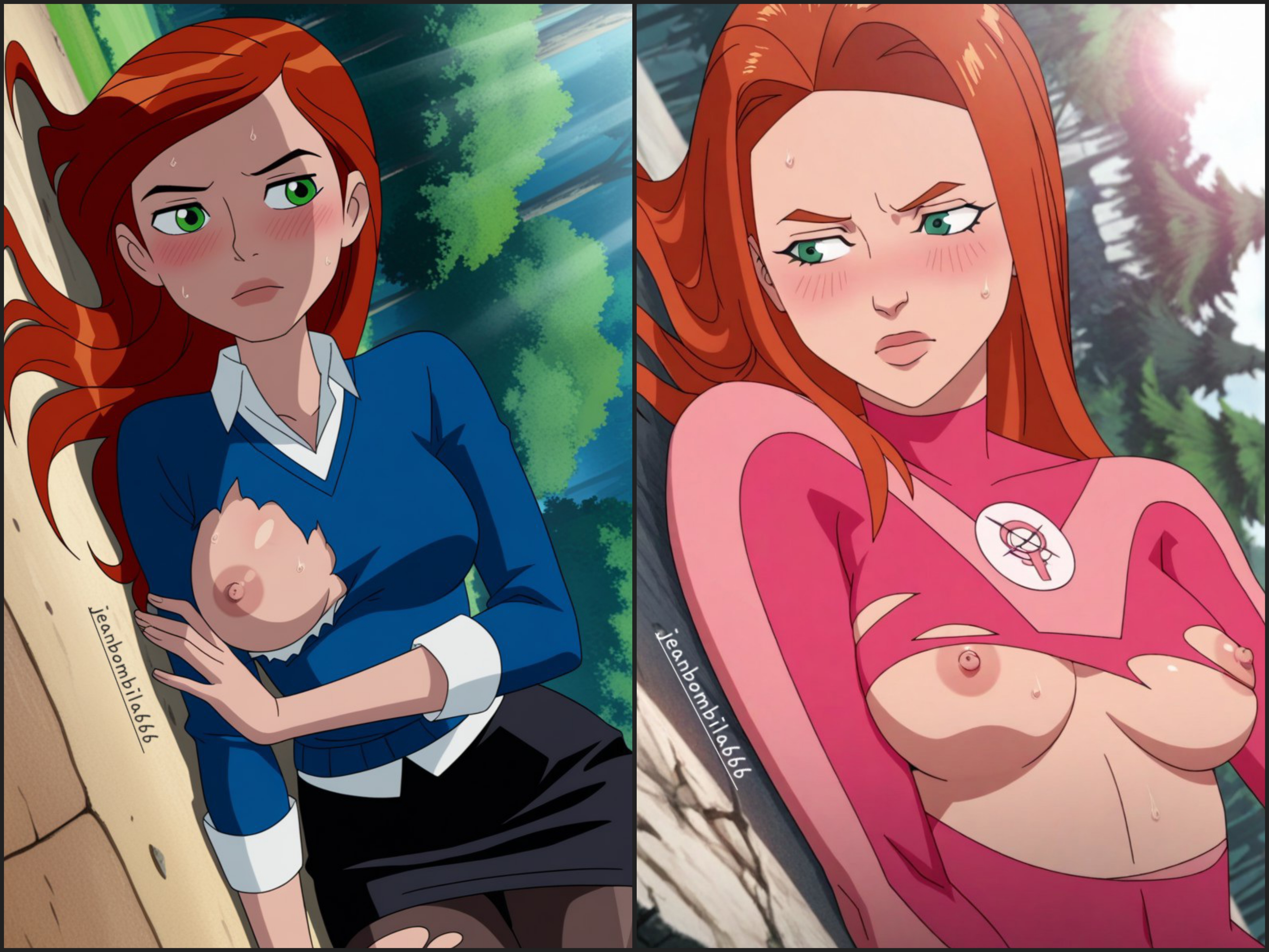 1girls, ai generated, atom eve, ben 10, ben 10 alien force, big breasts, breasts, cartoon network, female, female focus, female only, gwen tennyson, gwen tennyson (alien force), invincible, invincible (tv series), jeanbombila666, long hair, nipples, red hair, superhero, superheroine
