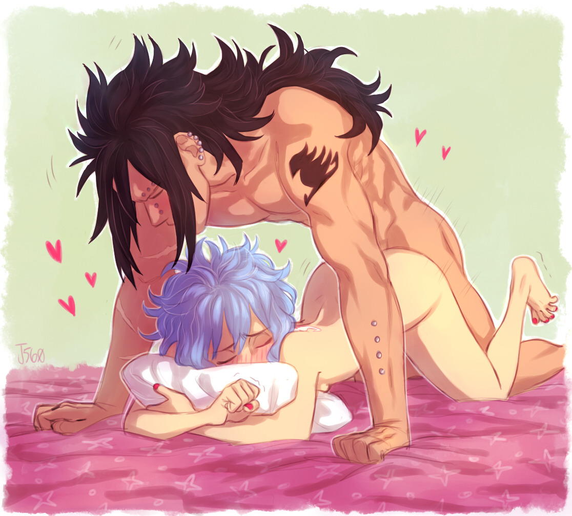 1boy, 1girls, artist request, back tattoo, bed, black hair, black tattoo, black-haired male, blue hair, blue-haired female, doggy style, fairy tail, fairy tail mark, female, from behind, gajeel redfox, larger male, levy mcgarden, male, nail polish, nude, sex, shoulder tattoo, size difference, smaller female, straight, tattoo, white tattoo