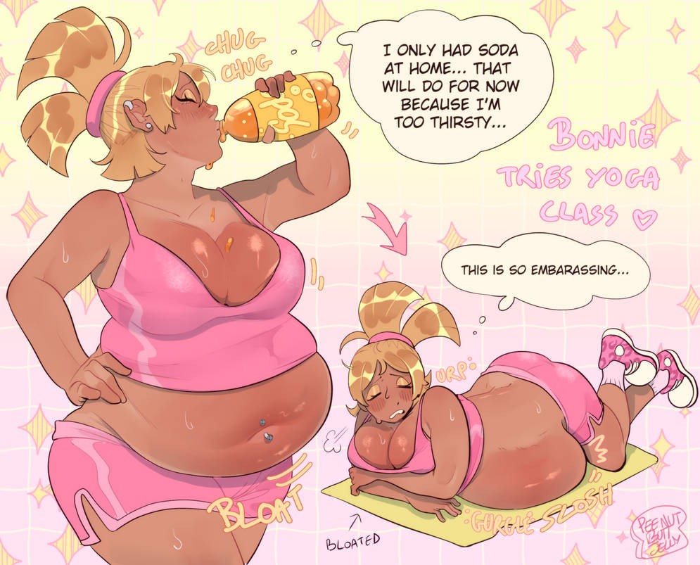 1girls, belly expansion, big ass, big belly, big breasts, blonde hair, bonnie (peenutbuttjelly), cleavage, dark skin, dark-skinned female, dialogue, expansion, navel, peenutbuttjelly, soda, tagme, weight gain, yoga, yoga mat