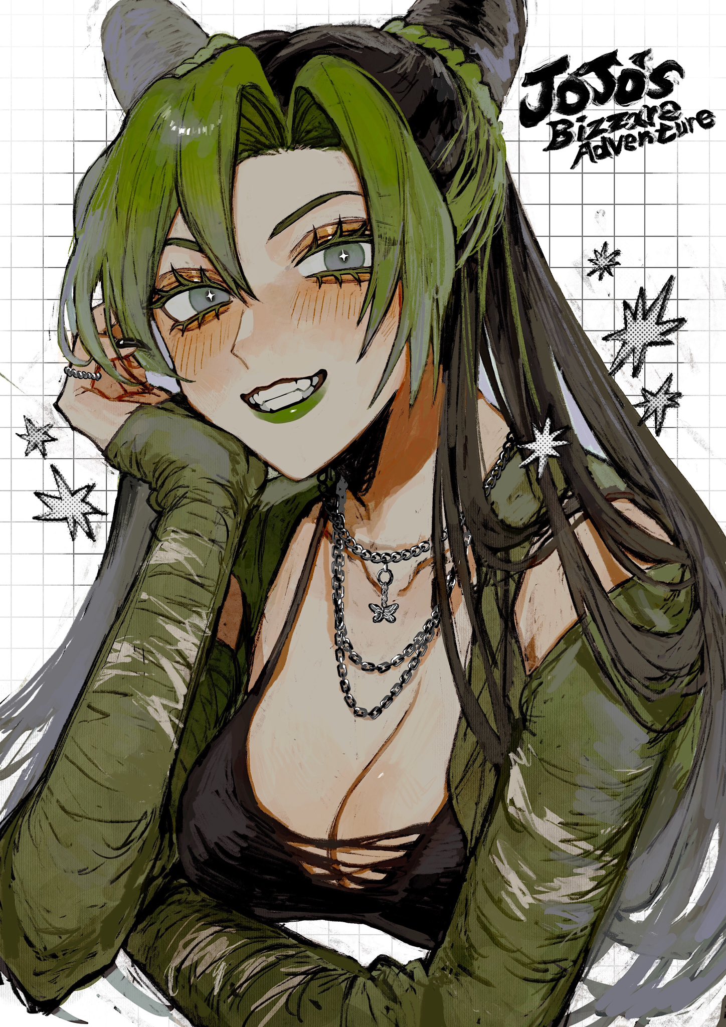 1girl, black bra, black hair, black nails, blush, bra, braid, breasts, bun with braided base, cleavage, copyright name, cropped torso, cross-shaped pupils, double bun, eyelashes, fingernails, green hair, green lips, green shirt, grey eyes, grid background, grin, hair bun, hand on own cheek, hand on own face, head rest, highres, jewelry, jojo's bizarre adventure, jolyne kujo, kuujou jolyne, lipstick, long hair, long sleeves, looking at viewer, makeup, medium breasts, multicolored hair, nail polish, necklace, neg 50asu, open clothes, open shirt, ring, shirt, sleeves past wrists, smile, solo, sparkle, stone ocean, symbol-shaped pupils, two-tone hair, underwear