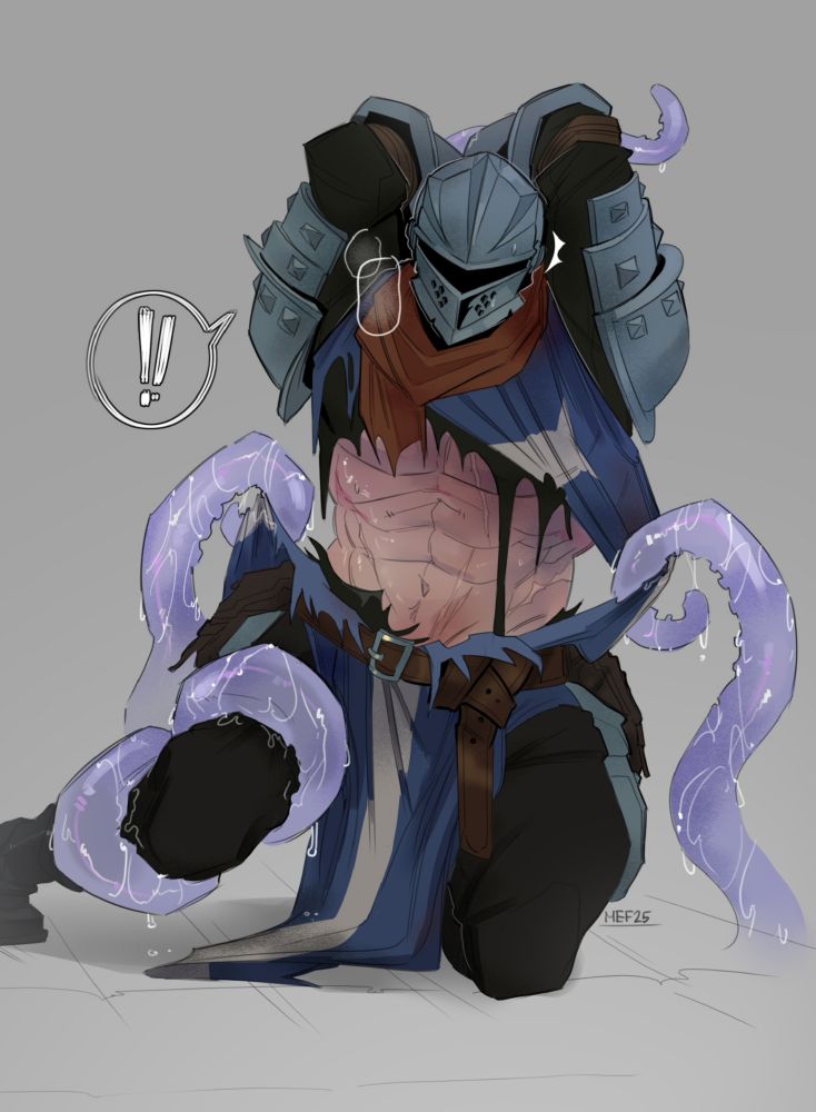 1boy, 2025, armor, armored, armored male, arms above head, arms behind head, bara, belt, black boots, boots, breath, crusader, crusader (darkest dungeon), darkest dungeon, dripping, exclamation point, exposed torso, gauntlets, gay, glistening, grey background, hands behind head, helmet, kneeling, knight, knight armor, male, male only, masked, masked male, mefff, muscles, muscular, no visible genitalia, on knee, on knees, pants, pauldrons, purple tentacles, restrained, restrained by tentacles, ripped clothing, ripped shirt, scar, scarf, shock, shocked, six pack, solo, solo male, steamy breath, tabard, tentacle, tentacle sex, torso, unseen male face, wet, yaoi