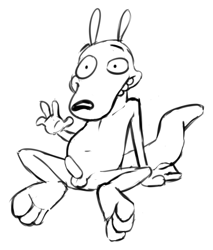 anthro balls compfive erection feet looking_at_viewer macropod male male_only mammal marsupial monochrome navel nude penis rocko rocko's_modern_life simple_background sitting sketch smile solo spreading wallaby waving