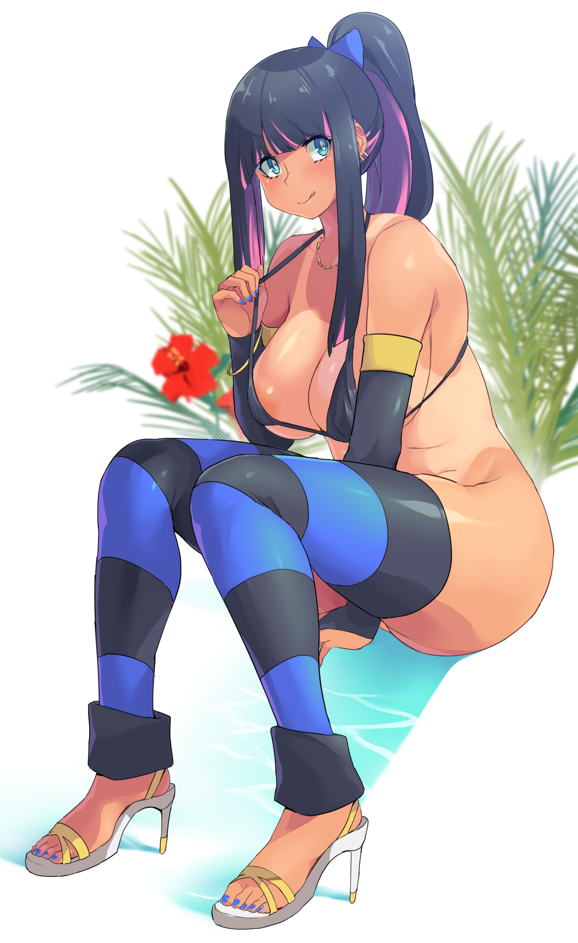 1girls, aqua eyes, areola slip, areolae, ass, big ass, big breasts, bikini, black hair, blush, breasts, bubble ass, bubble butt, cleavage, dark skin, dark-skinned female, feet, female, female only, hair ornament, hairbow, high heels, hips, large breasts, minakami, nail polish, open toe shoes, panty & stocking with garterbelt, pink hair, solo, stocking anarchy, striped legwear, thick thighs, thighhighs, thighs, toes, two-tone hair, undressing, wide hips