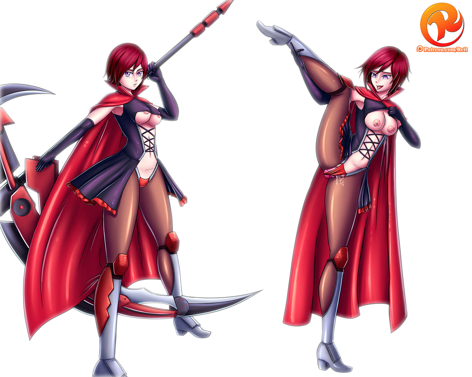 areolae, boots, breasts, cape, cleavage, dildo, dildo under panties, elbow gloves, female, gloves, high heel boots, high heels, nipples, pantyhose, purple eyes, red hair, reit, ruby rose, rwby, scythe, short hair, tagme, thighhighs, underboob, weapon