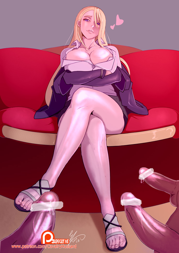 blonde_hair blue_eyes breasts cavalry censored chijo cleavage clothing commentary commission couch crossed_arms english_commentary evangeline_a.k._mcdowell evangeline_a_k_mcdowell evangeline_a_k_mcdowell_(adult) feet female female_pervert fringe frown heart large_breasts legs legs_crossed long_hair looking_at_viewer looking_down mahou_sensei_negima! multiple_penises penis pervert purple_eyes sandals shirt sitting skirt teenager toes uq_holder!