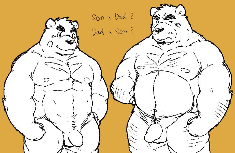 abs balls bear big_eyebrows censored father father_and_son goujuyu male male_only mammal musclegut muscular parent pecs penis son