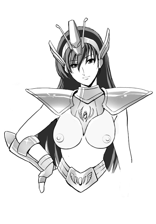 1girls areolae armor black_hair breasts bronze_saints equuleus_kyoko female human large_breasts long_hair looking_at_viewer monochrome saint_seiya saint_seiya_saintia_sho shoulder_armor shoulder_pads smile tiara topless