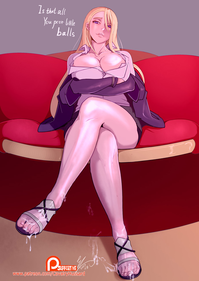 blonde_hair blue_eyes breasts cavalry chijo cleavage clothing commission couch crossed_arms cum cum_on_body cum_on_lower_body english evangeline_a.k._mcdowell evangeline_a_k_mcdowell evangeline_a_k_mcdowell_(adult) feet female female_pervert fringe frown large_breasts legs legs_crossed long_hair looking_at_viewer looking_down mahou_sensei_negima! pervert purple_eyes sandals shirt sitting skirt teenager toes uq_holder!