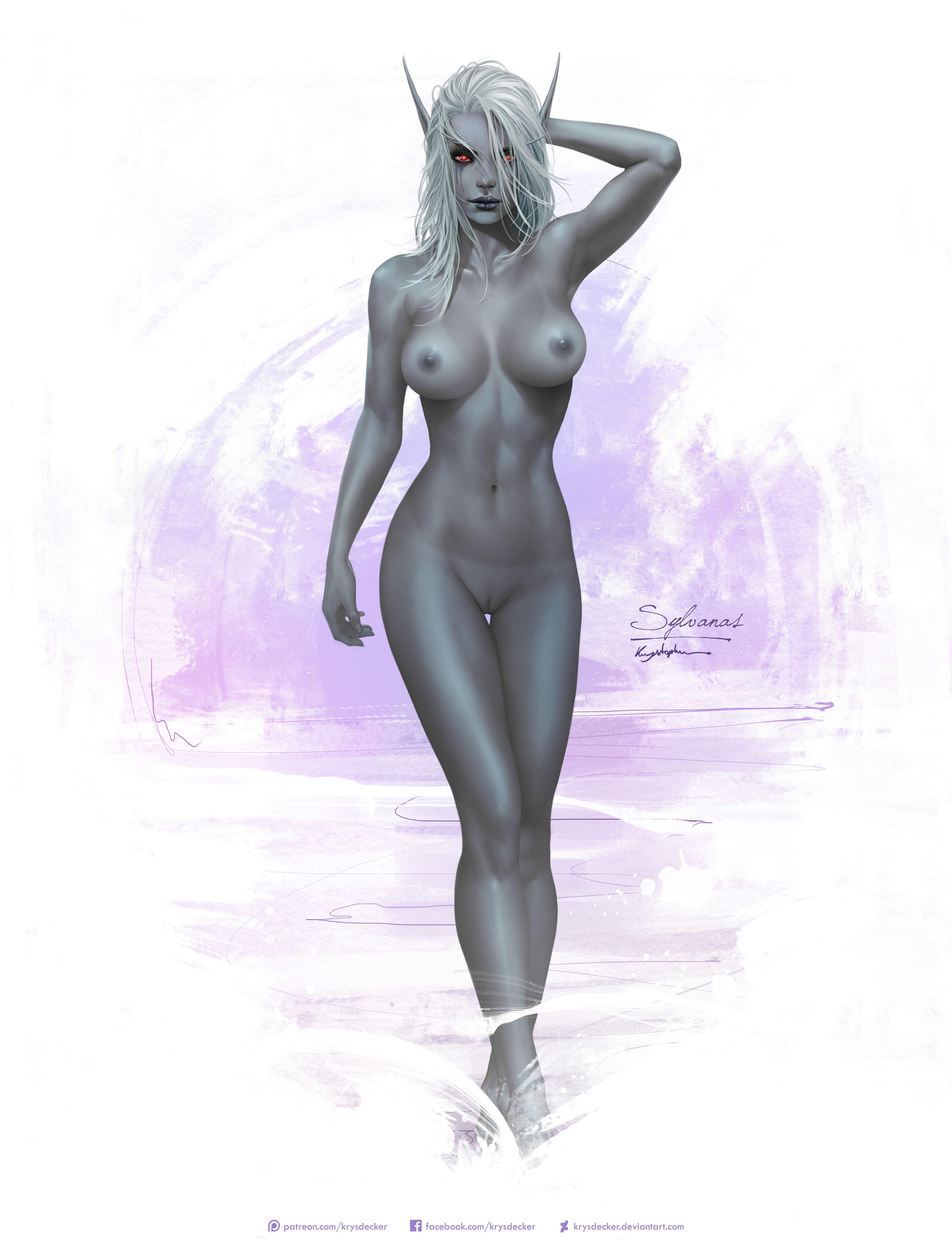 1girls, areolae, artist name, artist signature, breasts, casual, dark skin, elf, elf ears, elf female, female, forsaken, humanoid, krysdecker, looking at viewer, nipples, pussy, solo, standing, sylvanas windrunner, tanline, warcraft, world of warcraft