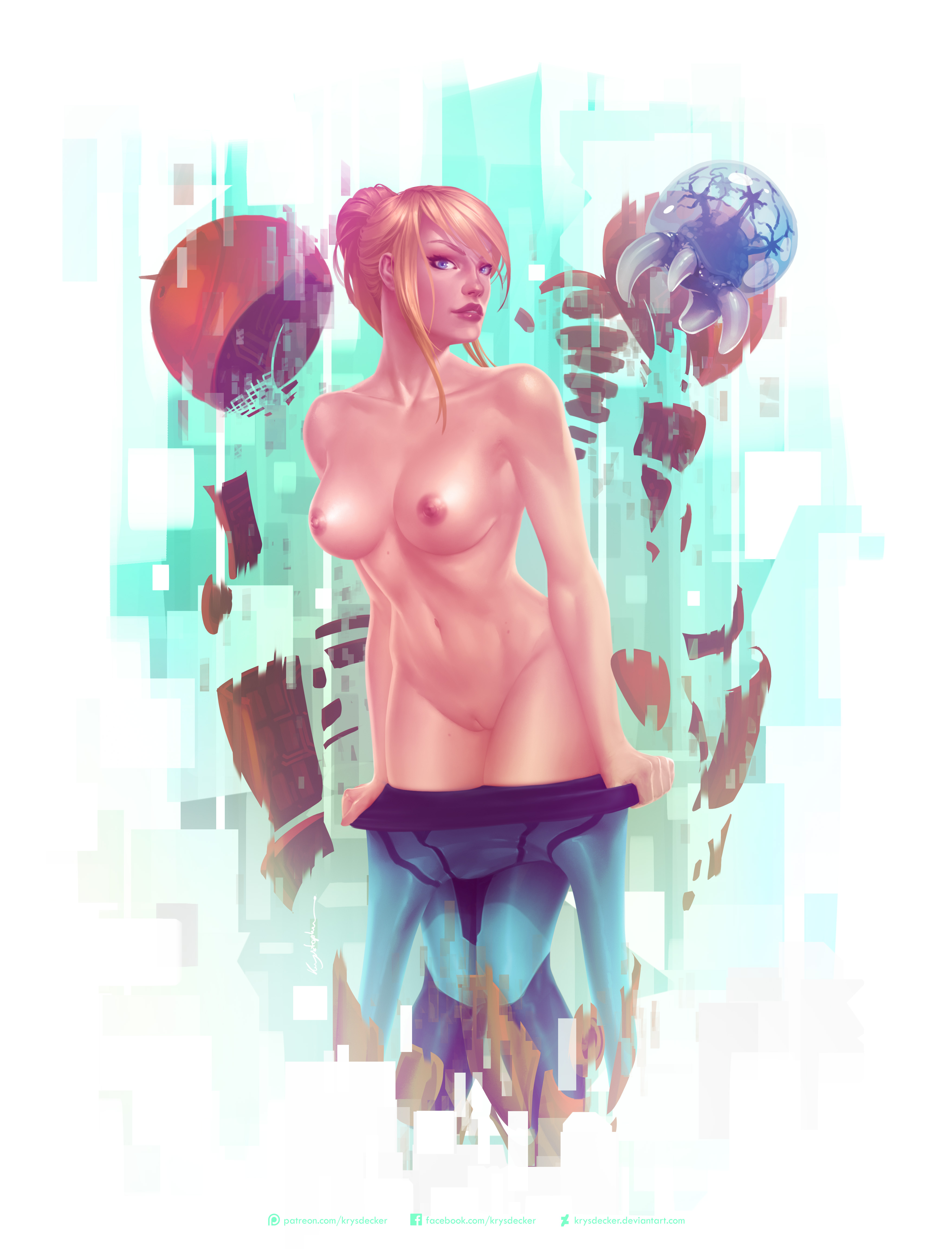 1girls, armor, blonde hair, female, krysdecker, metroid, metroid (creature), navel, nintendo, nipples, pussy, samus aran, undressing, varia suit, zero suit, zero suit samus