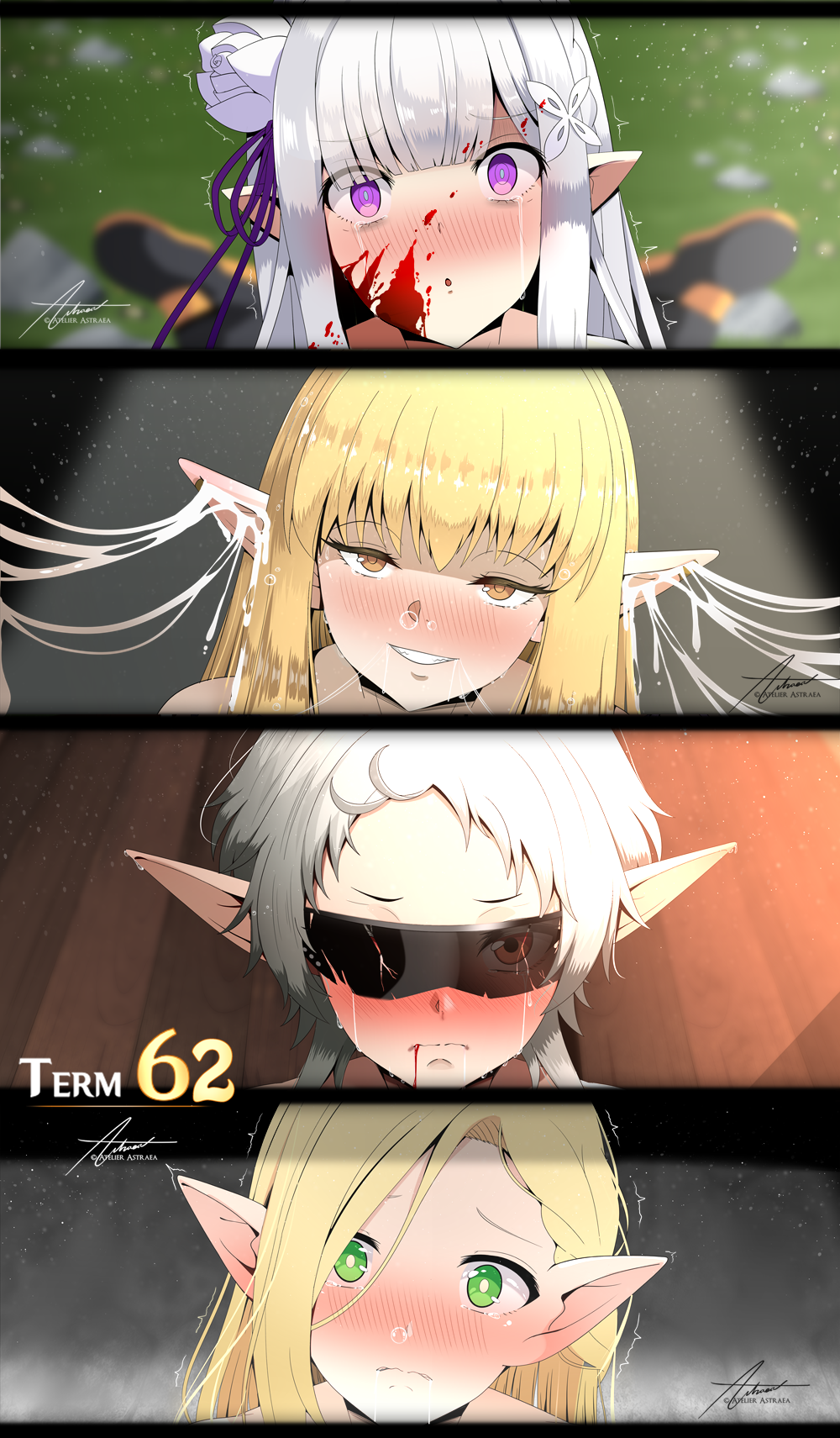 4girls :o astraea_(atelierastraea) blonde_hair blood blood_on_face blush brown_eyes closed_mouth crossover cum cum_on_ears dungeon_meshi ear_sex elf emilia_(re:zero) female female_only flower green_eyes grey_hair hair_flower hair_ornament highres long_hair looking_at_viewer marcille_donato multiple_girls mushoku_tensei pointy_ears purple_eyes purple_ribbon re:zero_kara_hajimeru_isekai_seikatsu ribbon serie_(sousou_no_frieren) short_hair signature smile sousou_no_frieren sunglasses sylphiette_(mushoku_tensei) tears tinted_eyewear trembling white_flower white_hair