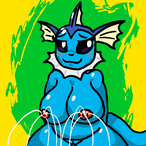 1:1 anthro areola big_breasts blue_body blue_skin blush bodily_fluids breasts digital_drawing_(artwork) digital_media_(artwork) eeveelution female frill_(anatomy) generation_1_pokemon genitals green_background lactating looking_at_viewer membrane_(anatomy) membranous_frill neck_frill nintendo nipples nude pink_areola pink_nipples pokemon pokemon_(species) projectile_lactation pussy simple_background slightly_chubby smile solo tail vaporeon yellow_background yogurtbeans