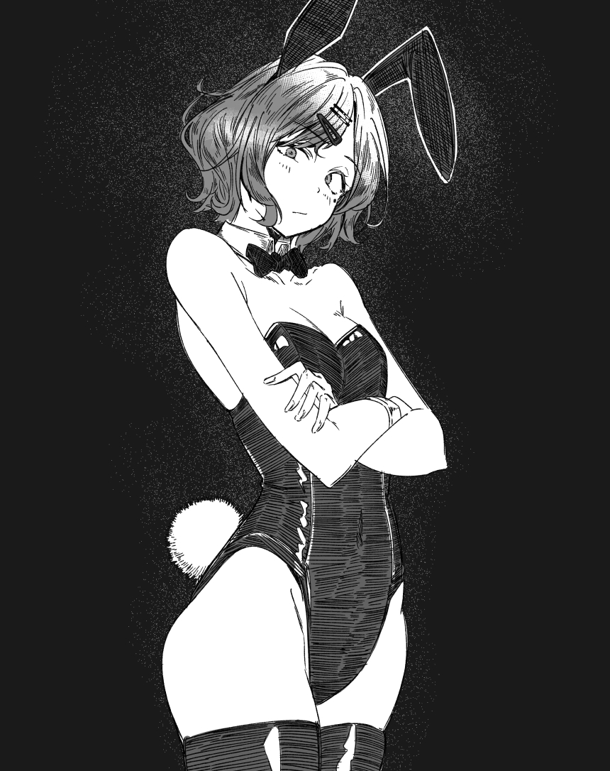 :/ animal_ears bangs_pinned_back bare_shoulders breasts cleavage closed_mouth covered_navel cowboy_shot crossed_arms eito12 eitopondo fake_animal_ears fake_tail female from_side greyscale hair_ornament hairclip hairpin hatching_(texture) highleg highleg_leotard higuchi_madoka idolmaster idolmaster_shiny_colors large_breasts legs_together leotard linear_hatching looking_at_viewer monochrome playboy_bunny rabbit_ears rabbit_tail short_hair sidelocks solo strapless strapless_leotard tail thighhighs