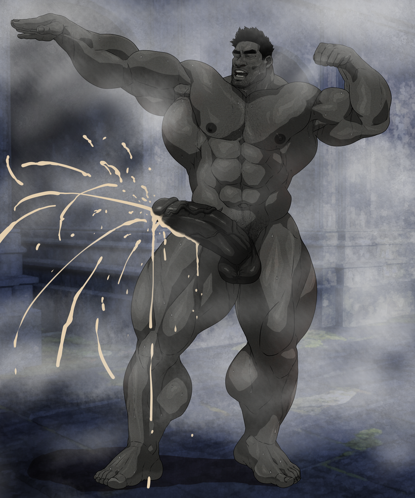 balls bara big_penis boner cum erection flexing hitenmaru male male_only muscles muscular musk nude orgasm penis petrification posing solo solo_male sweat sweating