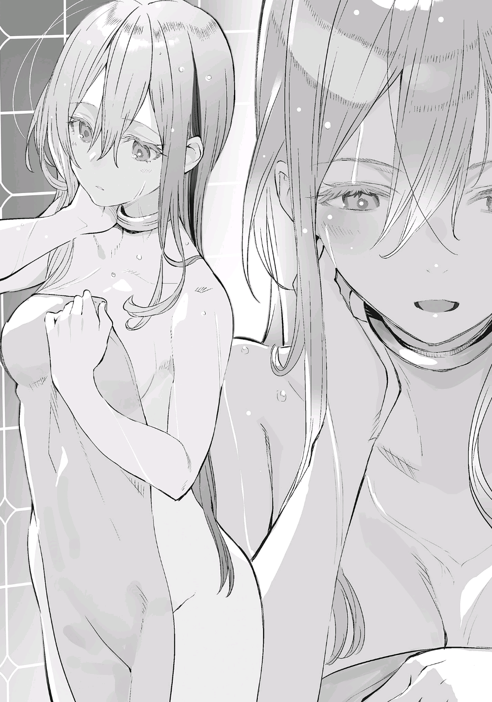 86_-eightysix- almost_naked bare_arms bare_shoulders black_and_white blush breasts groin long_hair novel_illustration official_art shirabi_(life-is-free) shower sideboob smile thighs towel towel_only vladilena_millize