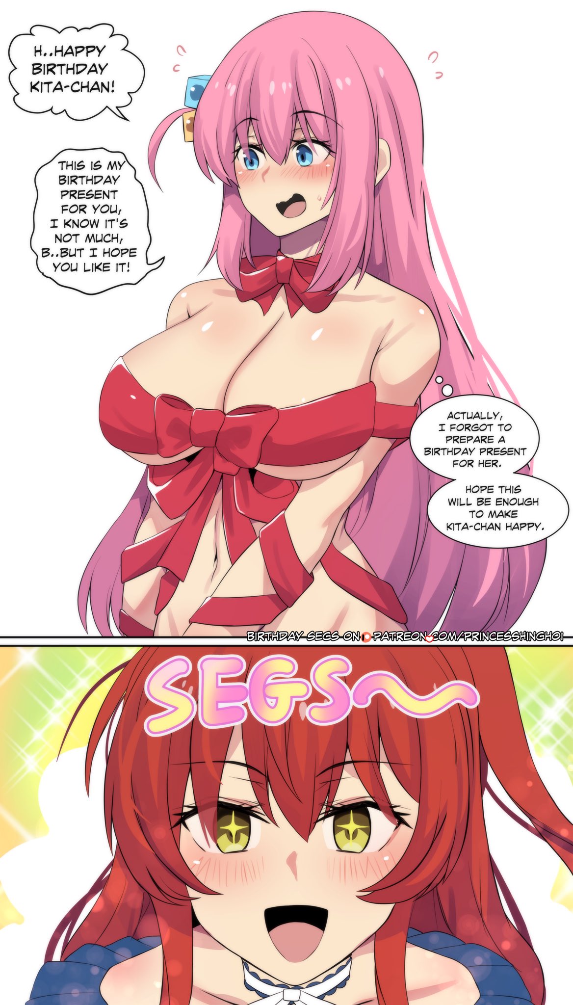 2girls birthday birthday_gift birthday_sex bocchi_the_rock! breasts comic english_text female gift gotou_hitori hinghoi large_breasts pink_hair princesshinghoi red_hair smile sparkling_eyes wholesome yuri