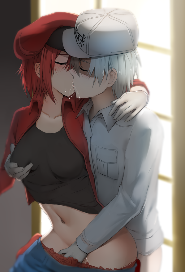 1boy 1girls black_shirt blush breast_grab closed_eyes collarbone female fingering ginhaha gloves grabbing hat hataraku_saibou jacket kissing navel panties panty_pull red_blood_cell_(hataraku_saibou) red_hair red_jacket red_panties revision saliva shirt short_hair shorts shorts_pull straight tongue underwear white_blood_cell white_blood_cell_(hataraku_saibou) white_gloves white_hair