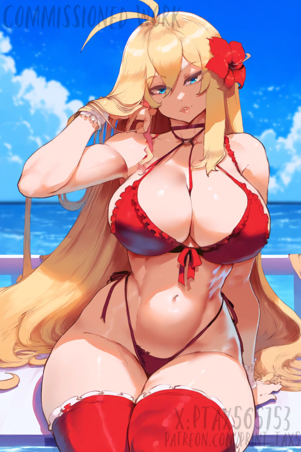 ai_generated battle_spirits beach big_breasts big_butt bikini bimbo bimbo_body blonde_female blonde_hair blue_eyes choker patreon_username print_tax5 red_bikini rei_ohba thiccwithaq_(ai_style) twitter_username voluptuous_female