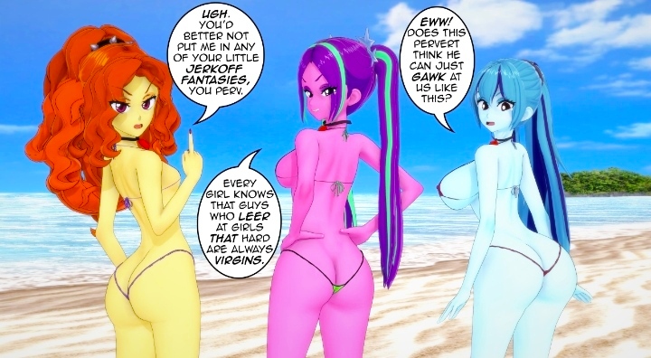 2024 3d 3d_(artwork) 3girls adagio_dazzle aria_blaze beach big_ass big_breasts blue_body blue_skin blue_sky english_dialogue english_text equestria_girls female female_only hands_on_hips hasbro human insult insulting_viewer koikatsu large_ass large_breasts long_hair looking_at_viewer looking_back looking_back_at_viewer medium_breasts micro_bikini middle_finger misunderstoodsecrets orange_hair purple_body purple_hair purple_skin small_breasts sonata_dusk speech_bubble the_dazzlings trio turquoise_body twitter_link two_tone_hair yellow_body yellow_skin