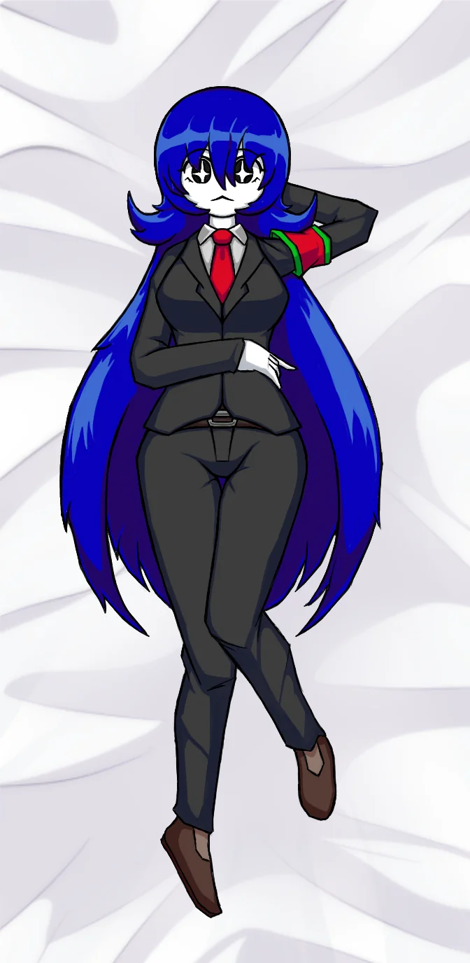 bed blue_hair body_pillow bongbong clothed clothing eryx03 female lobotomy_corporation long_hair lying lying_on_back on_bed project_moon solo star-shaped_pupils thick_thighs wide_hips