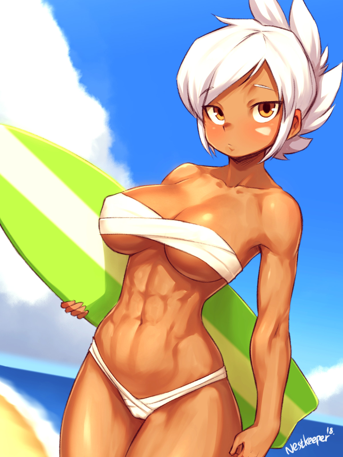 abs, breasts, cleavage, dark skin, dark-skinned female, female, female only, league of legends, looking at viewer, muscles, muscular, muscular female, nestkeeper, pool party, riven, solo