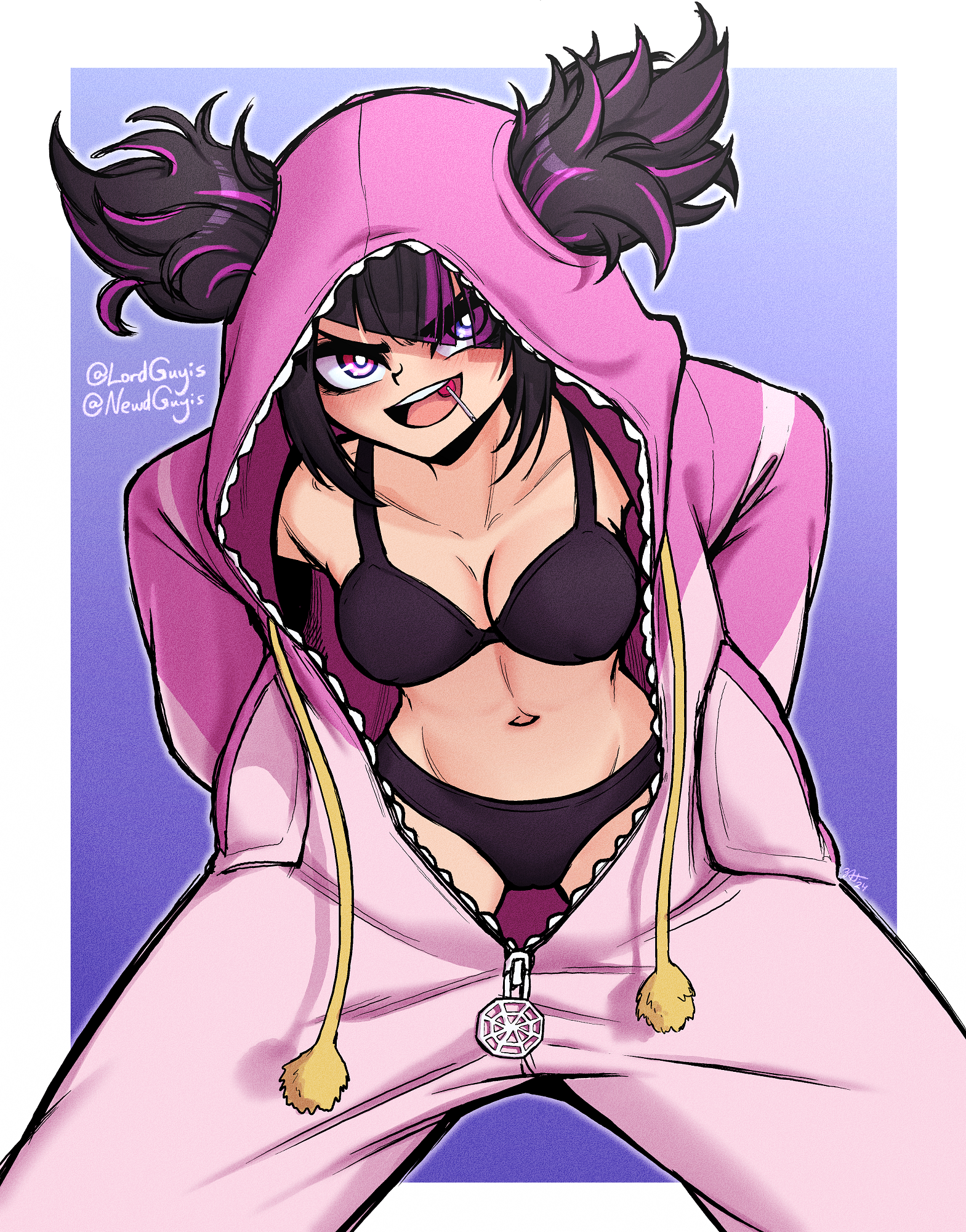 1girls, alternate version available, athletic, athletic female, black bra, black panties, black underwear, bra, breasts, female, female only, female torso, hair streak, hands in pockets, heterochromia, hoodie, juri han, light skin, light-skinned female, lollipop, looking at viewer, lordguyis, medium breasts, multicolored hair, onesie, pajamas, panties, smile, solo, street fighter, street fighter 6, underwear